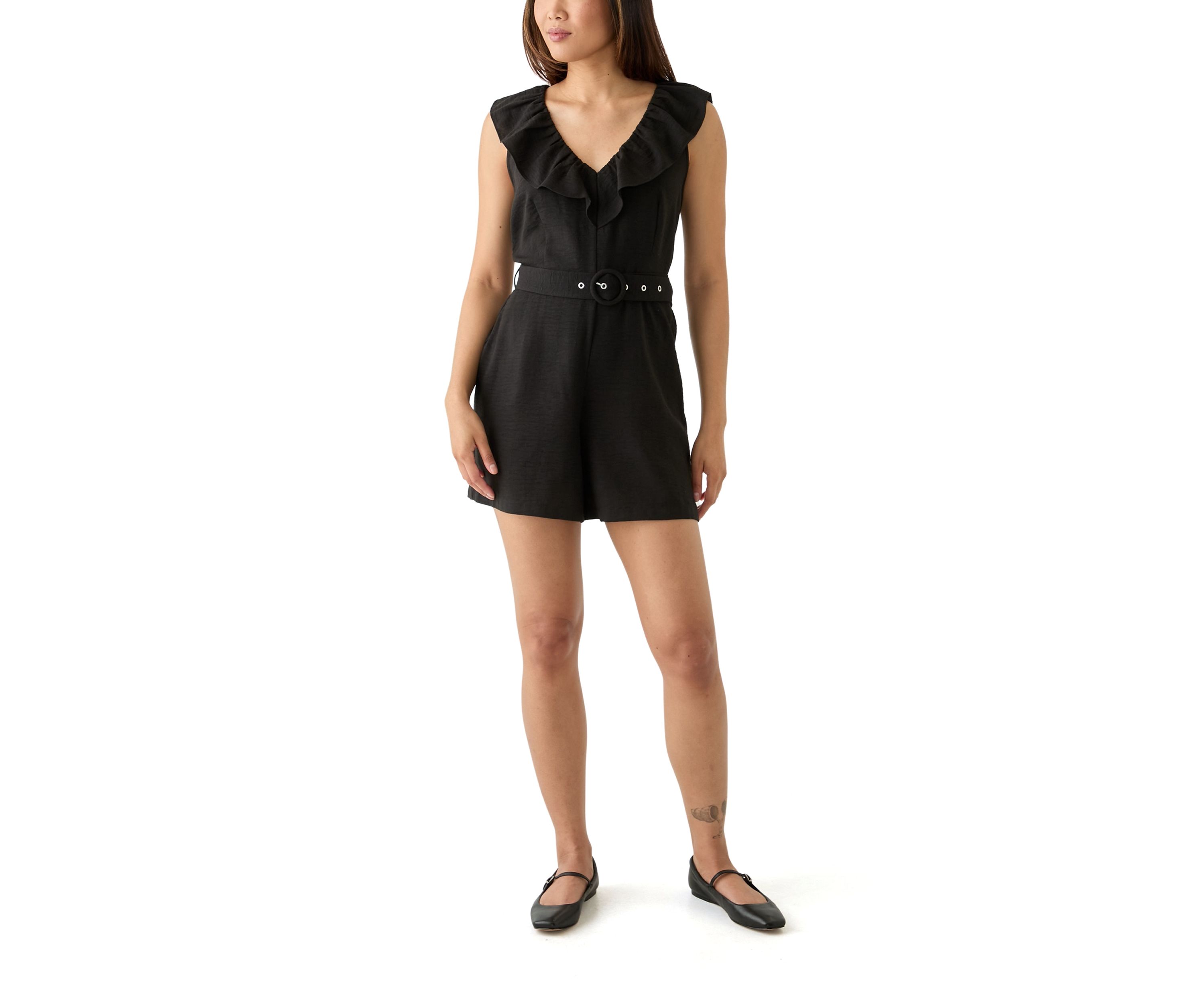 Womens Sleeveless Ruffle V-Neck Romper with Self Belt 