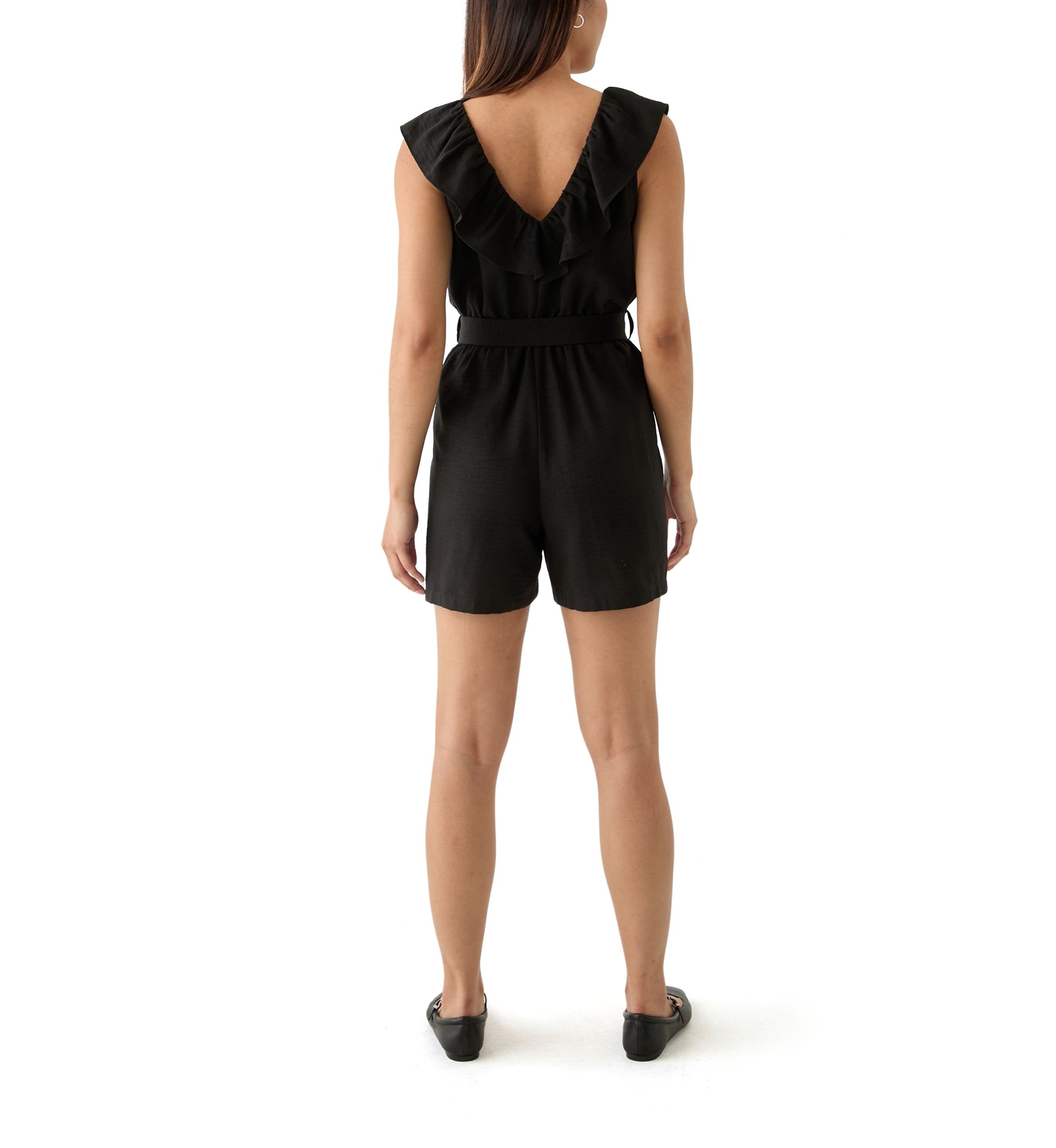 Womens Sleeveless Ruffle V-Neck Romper with Self Belt 