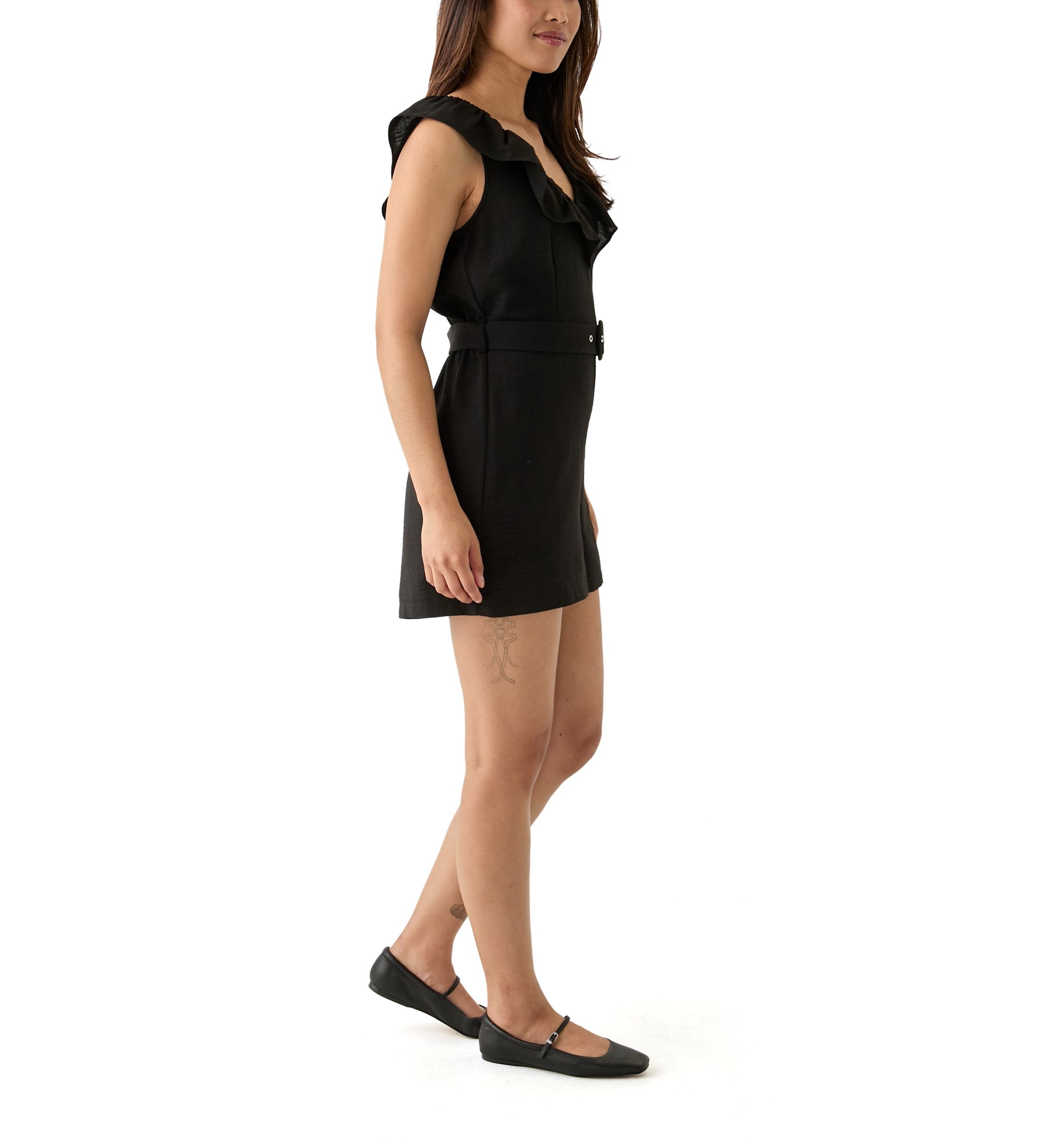 Womens Sleeveless Ruffle V-Neck Romper with Self Belt 