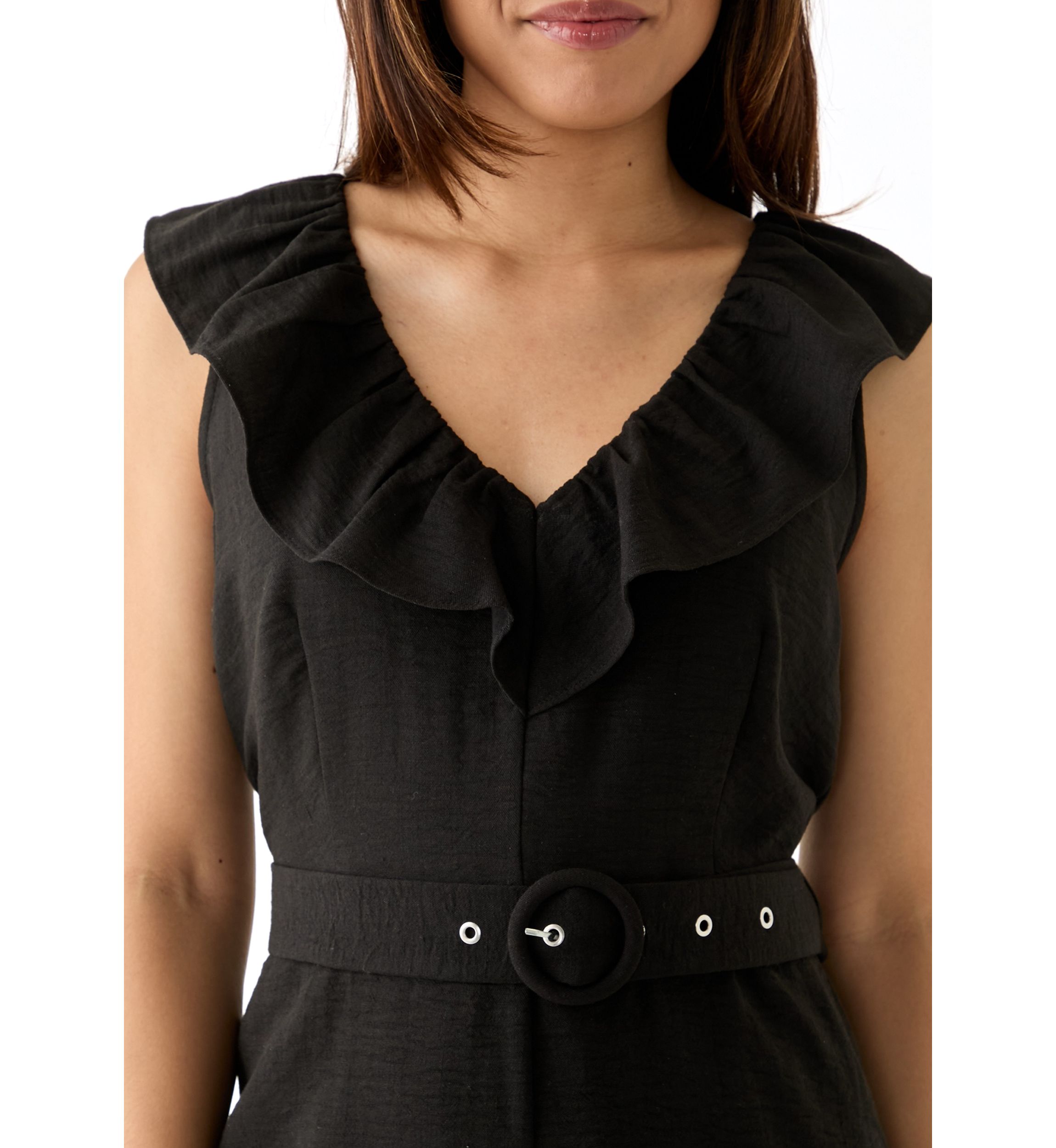 Womens Sleeveless Ruffle V-Neck Romper with Self Belt 