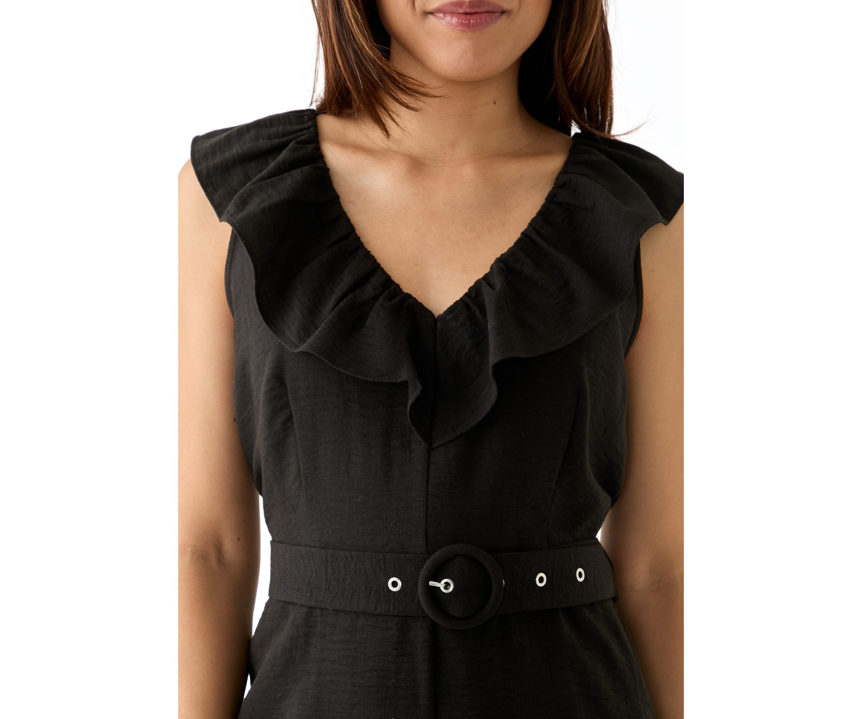 Womens Sleeveless Ruffle V-Neck Romper with Self Belt 