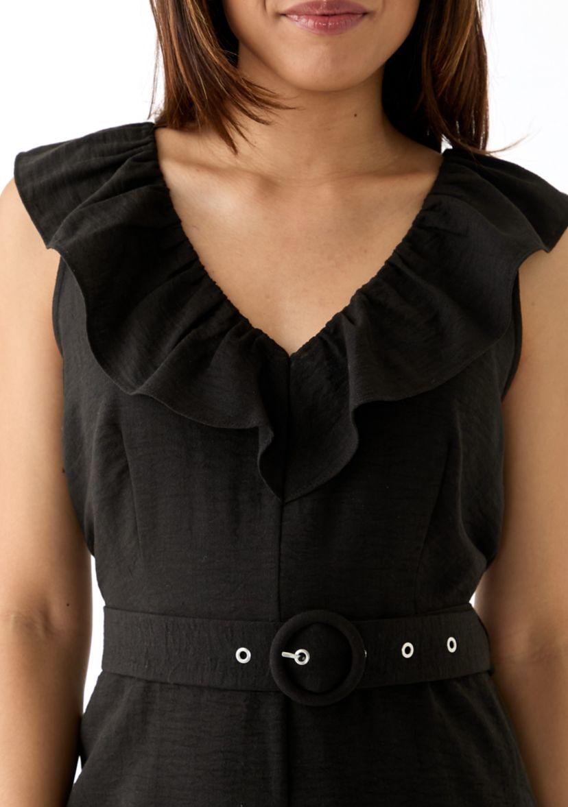 Womens Sleeveless Ruffle V-Neck Romper with Self Belt 