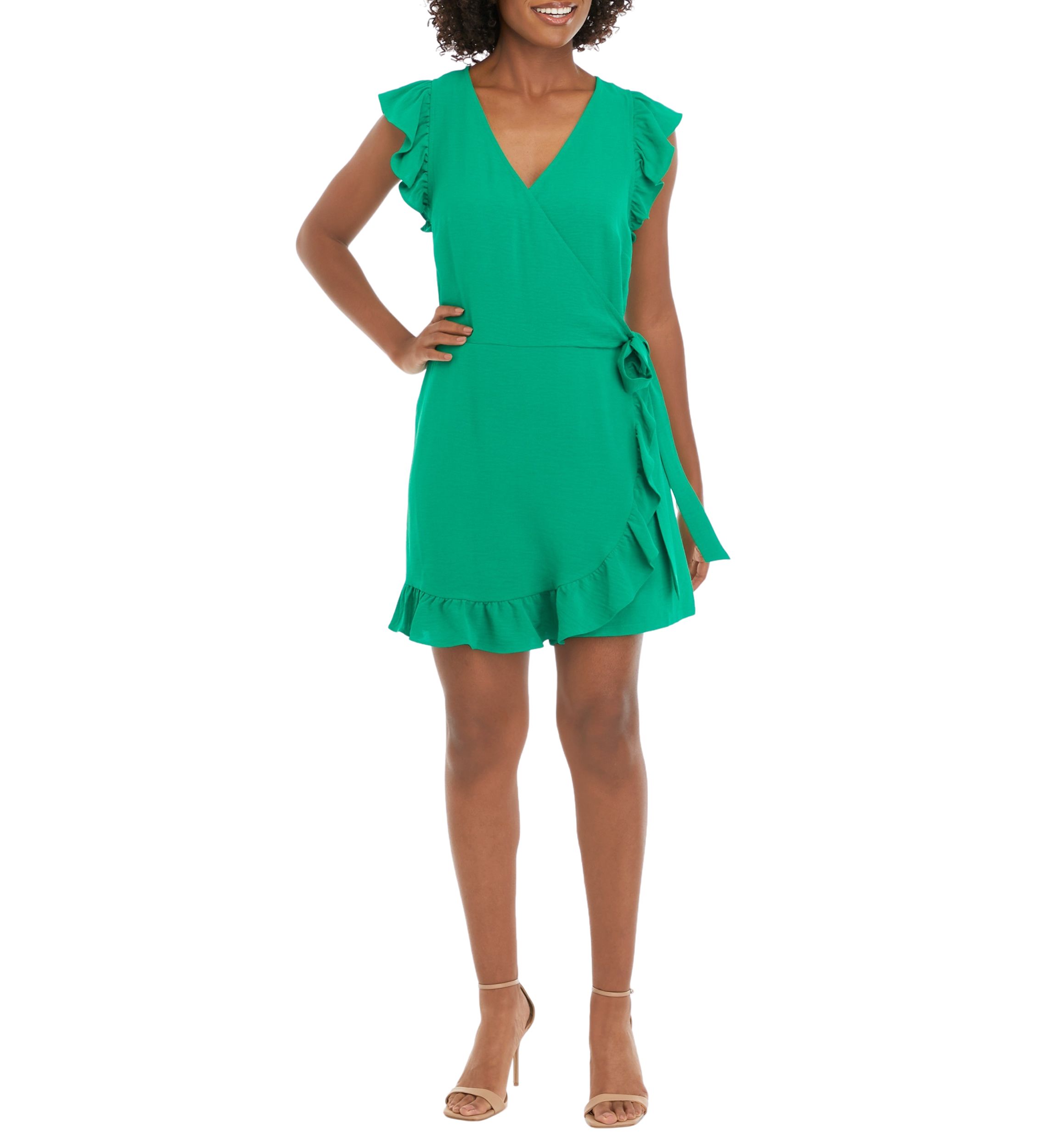 Womens Short Sleeve Ruffle V-Neck Solid Side Wrap Fit and Flare Dress