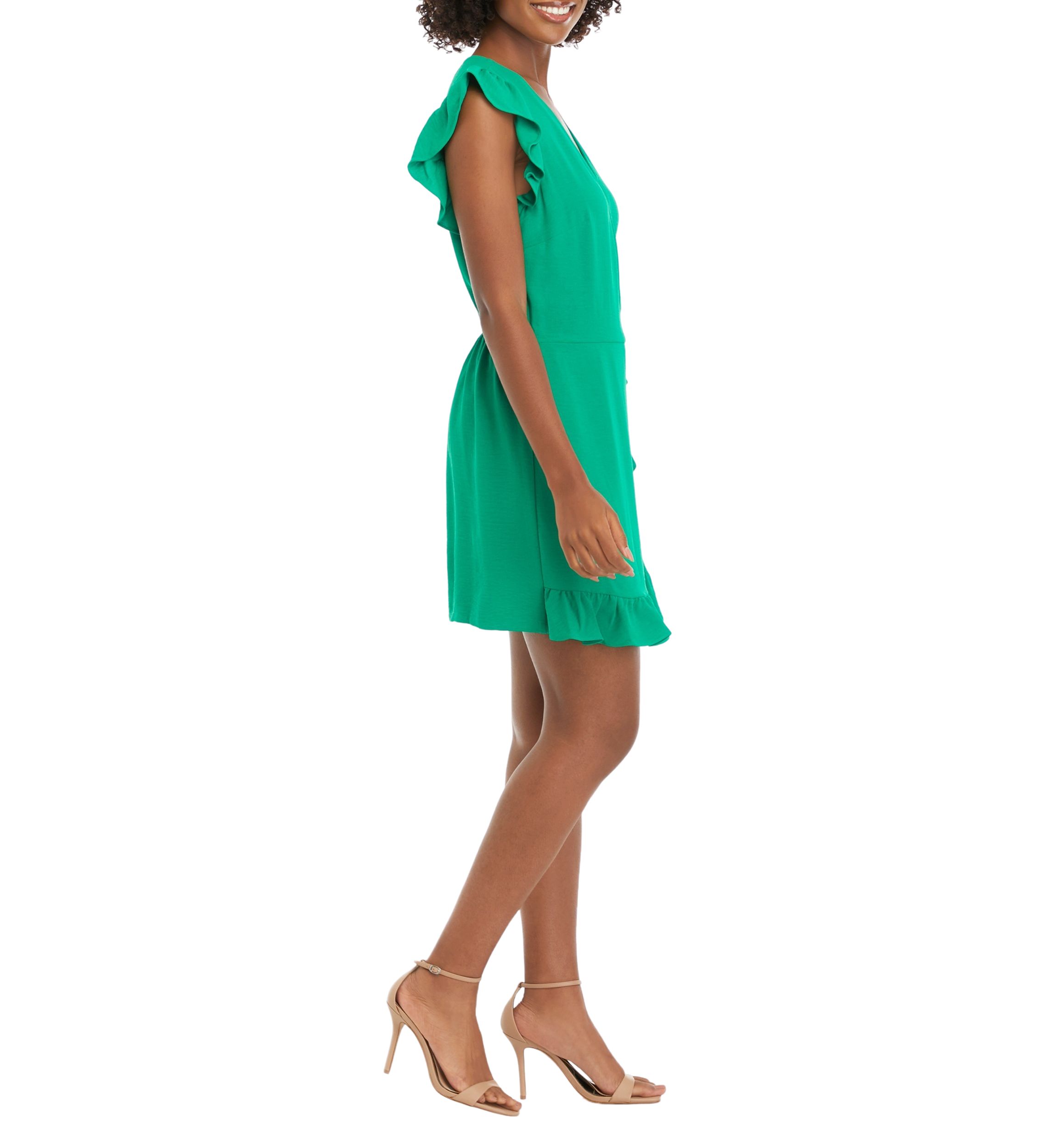 Womens Short Sleeve Ruffle V-Neck Solid Side Wrap Fit and Flare Dress