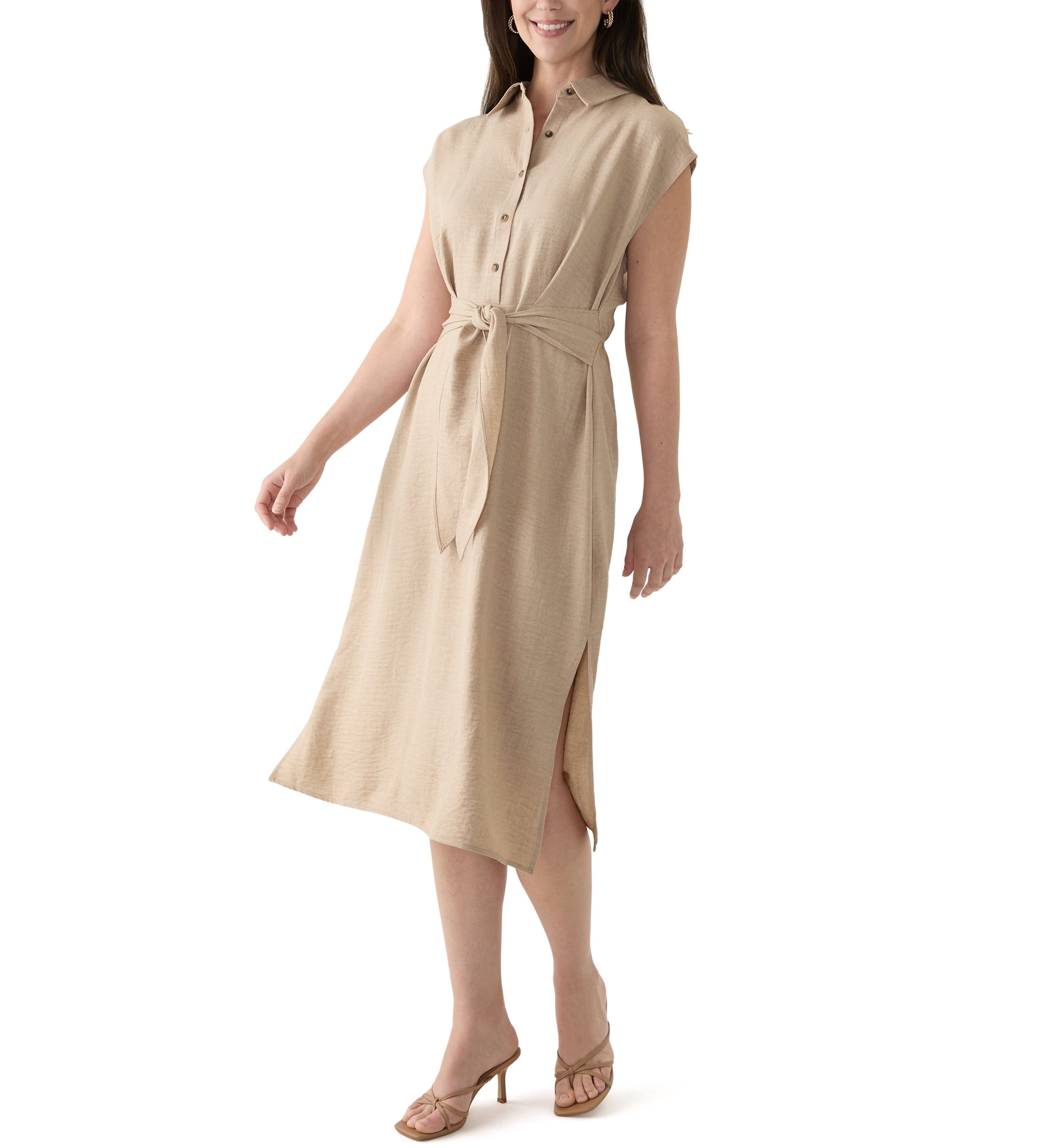 Womens Cap Sleeve Collar Tie Waist Solid Fit and Flare Midi Dress