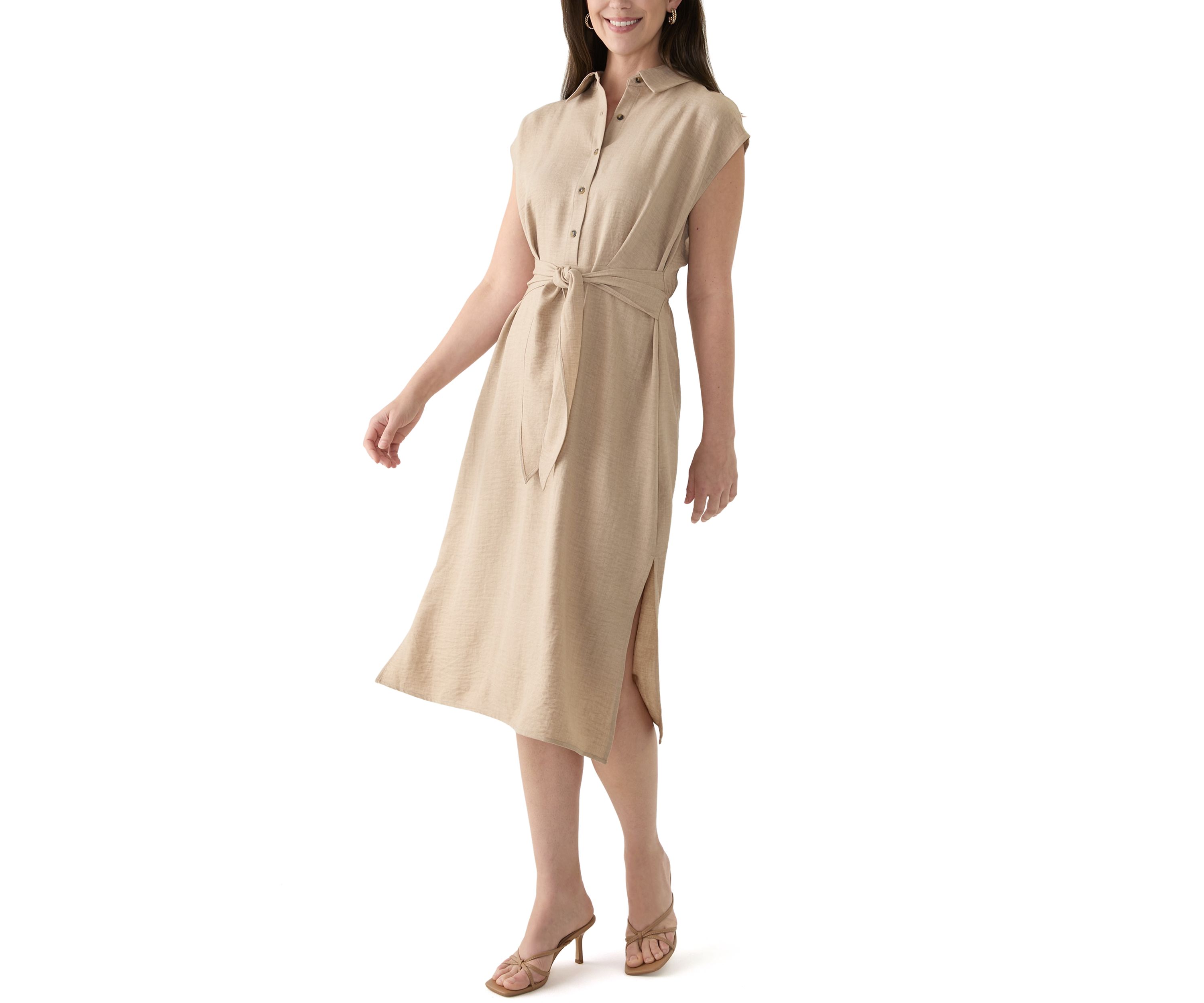 Womens Cap Sleeve Collar Tie Waist Solid Fit and Flare Midi Dress