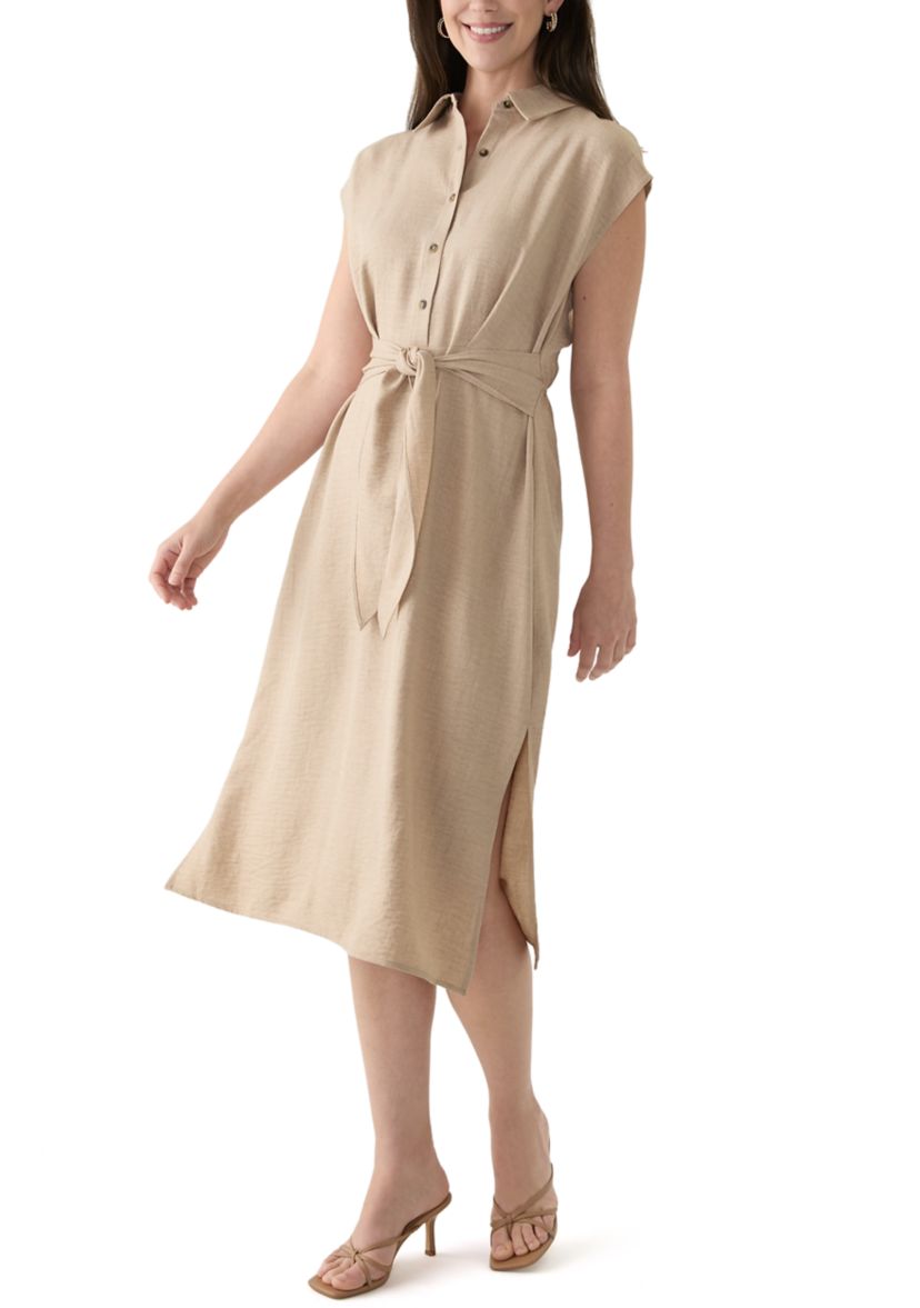 Womens Cap Sleeve Collar Tie Waist Solid Fit and Flare Midi Dress