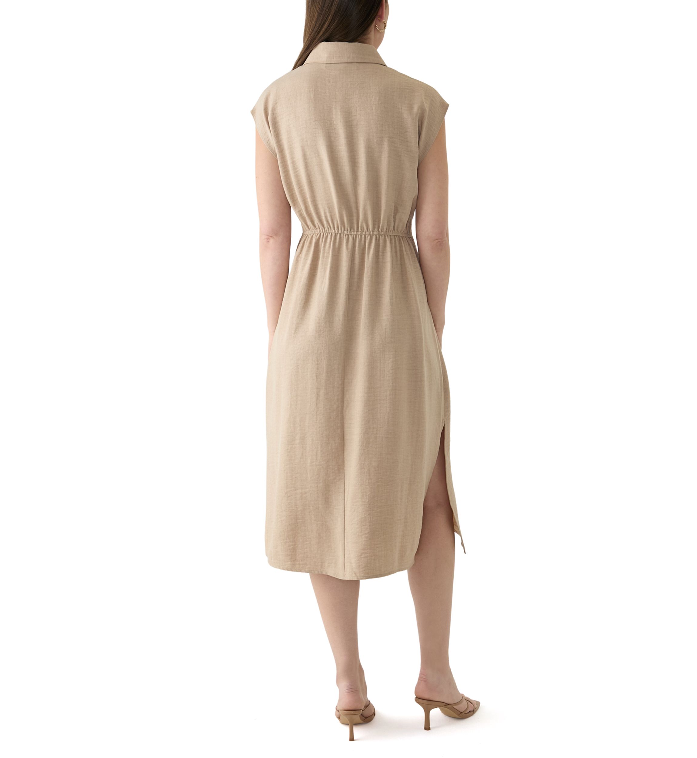 Womens Cap Sleeve Collar Tie Waist Solid Fit and Flare Midi Dress