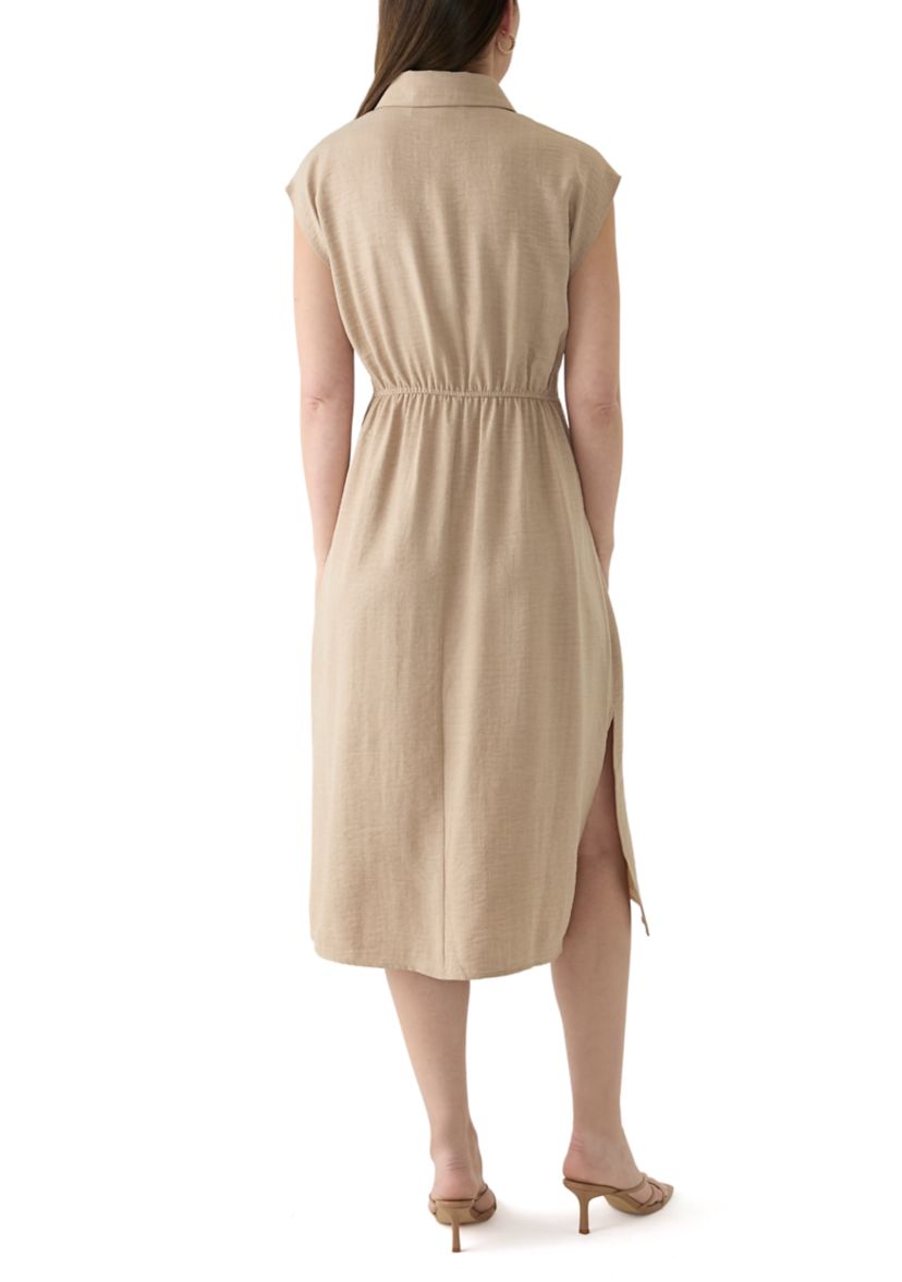 Womens Cap Sleeve Collar Tie Waist Solid Fit and Flare Midi Dress