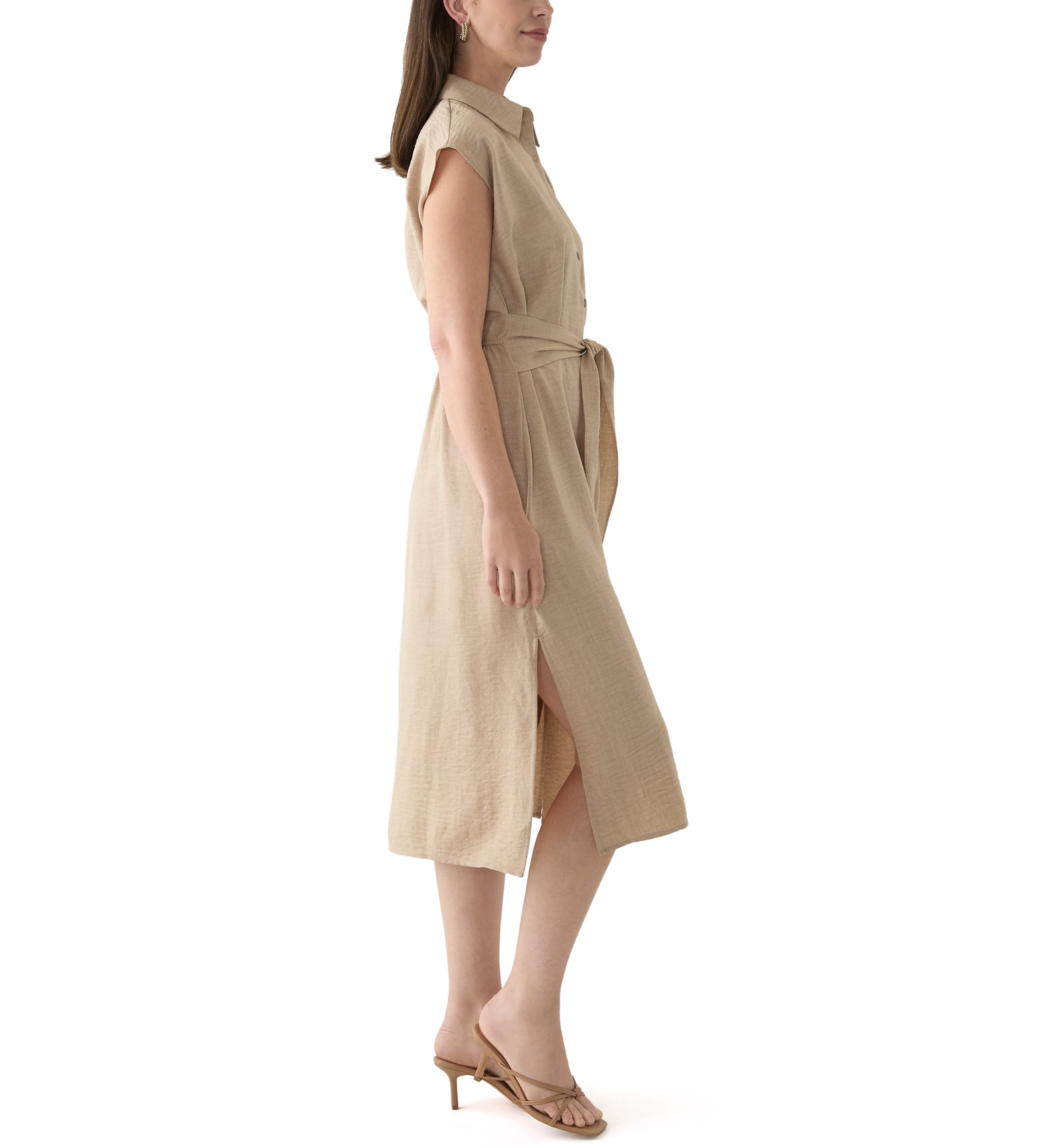 Womens Cap Sleeve Collar Tie Waist Solid Fit and Flare Midi Dress