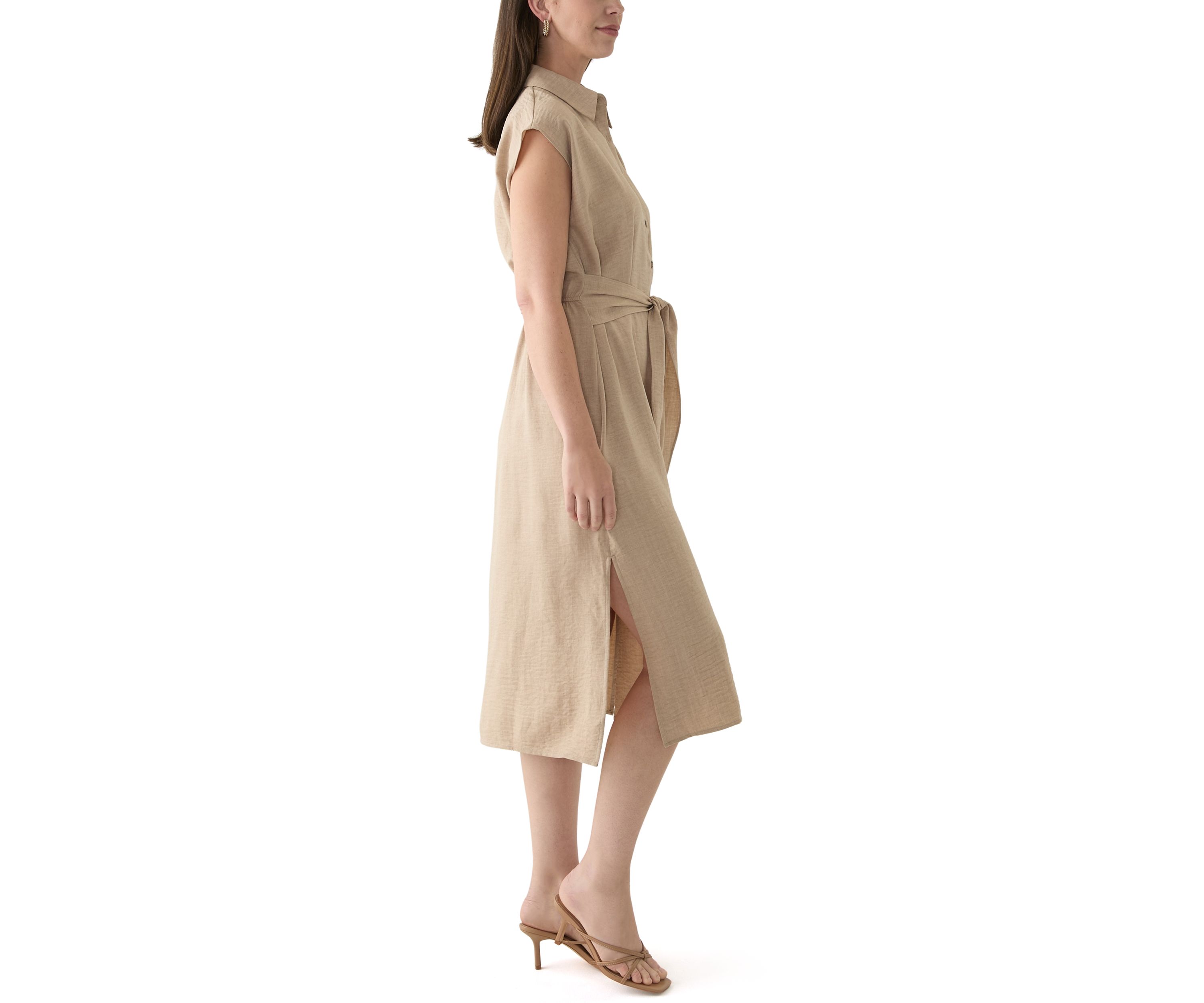 Womens Cap Sleeve Collar Tie Waist Solid Fit and Flare Midi Dress