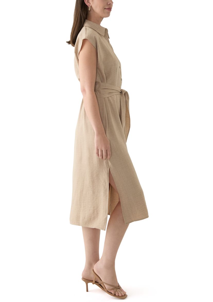 Womens Cap Sleeve Collar Tie Waist Solid Fit and Flare Midi Dress
