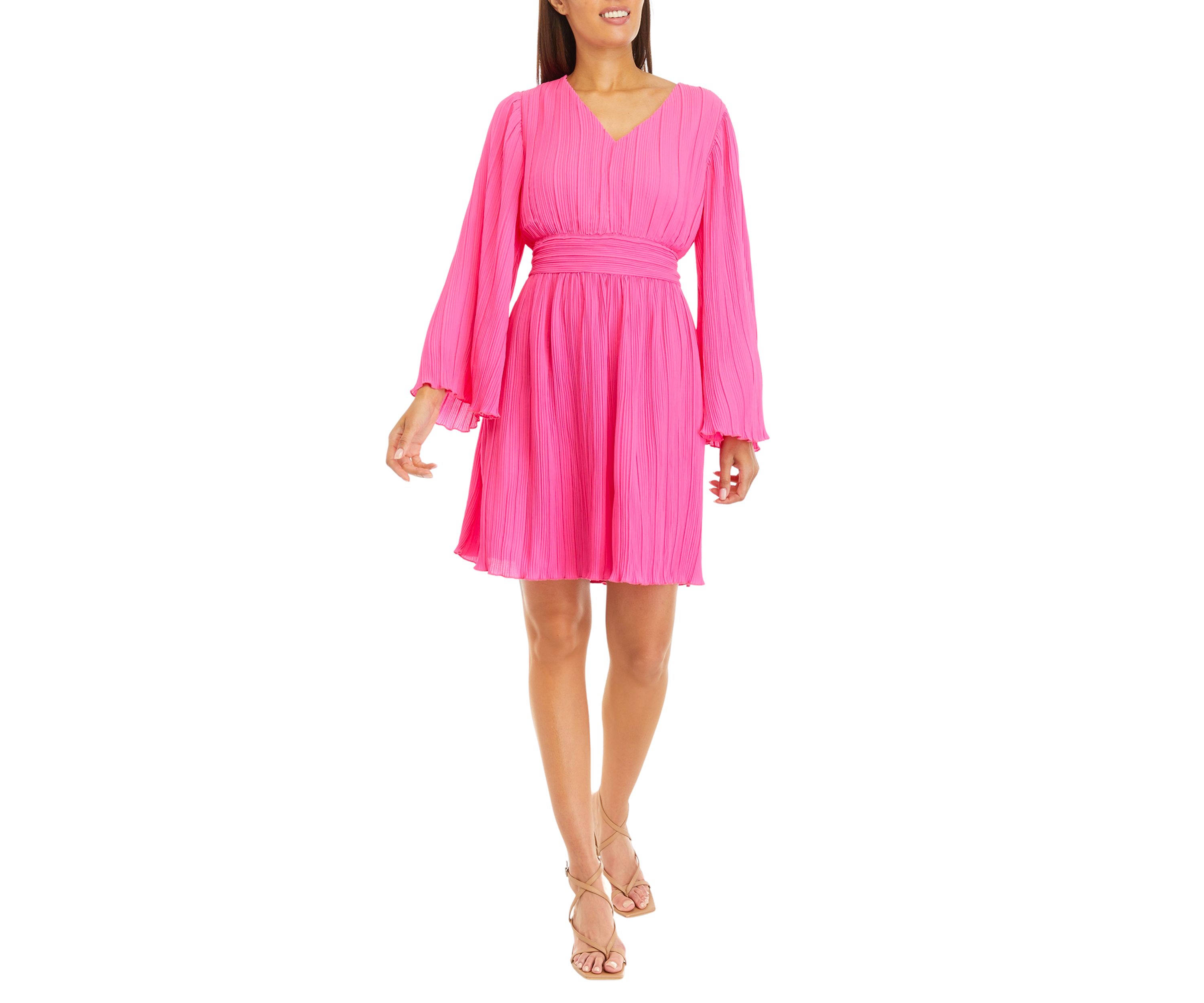 Womens Long Sleeve V-Neck Pleated Solid A-Line Dress