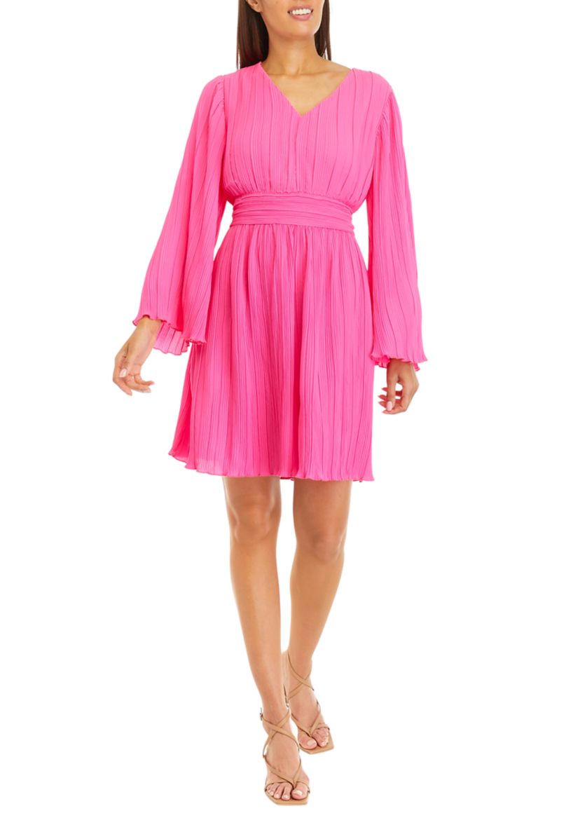 Womens Long Sleeve V-Neck Pleated Solid A-Line Dress