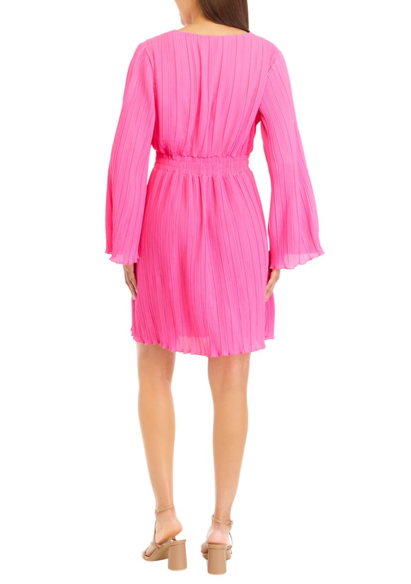 Womens Long Sleeve V-Neck Pleated Solid A-Line Dress