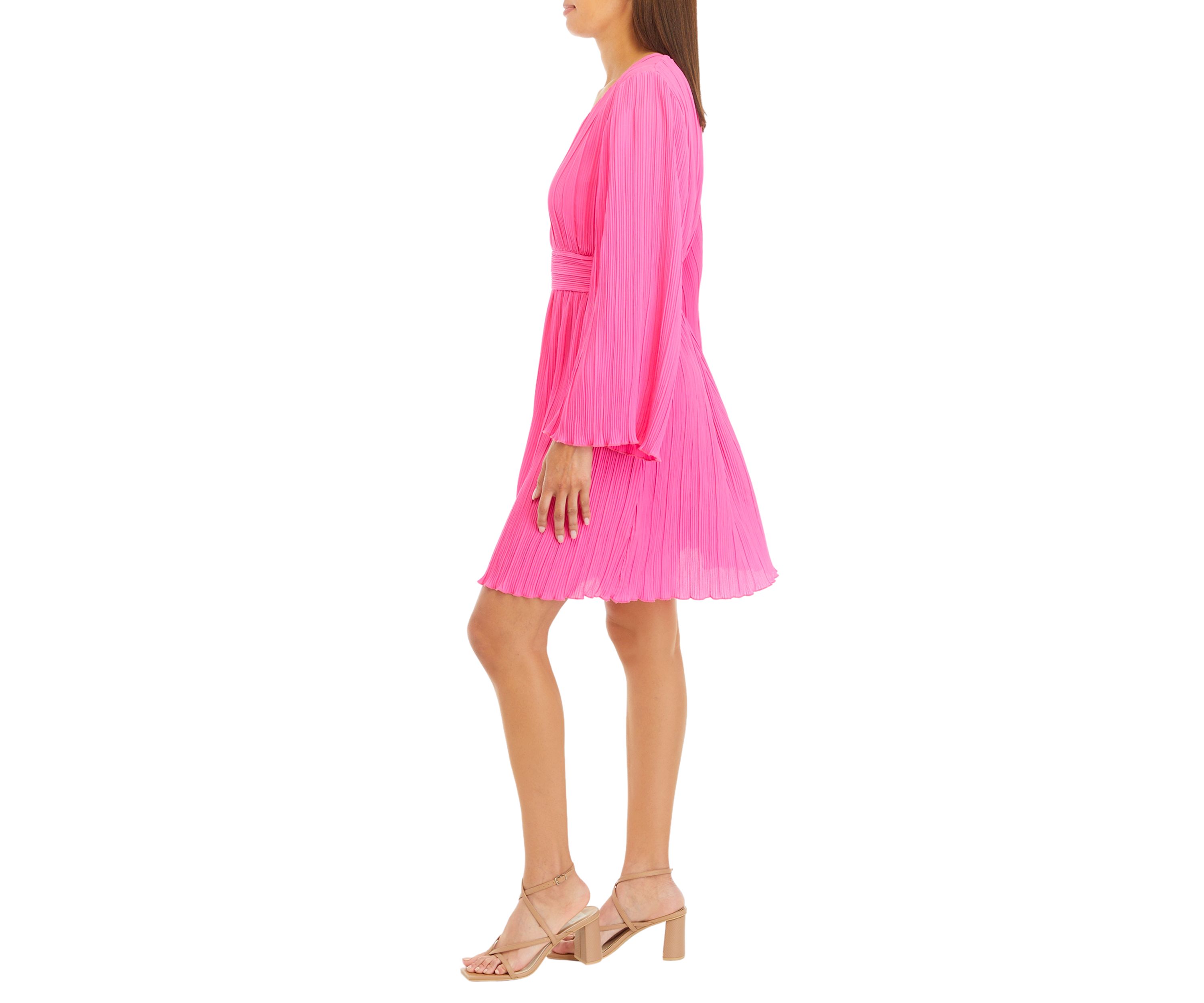 Womens Long Sleeve V-Neck Pleated Solid A-Line Dress