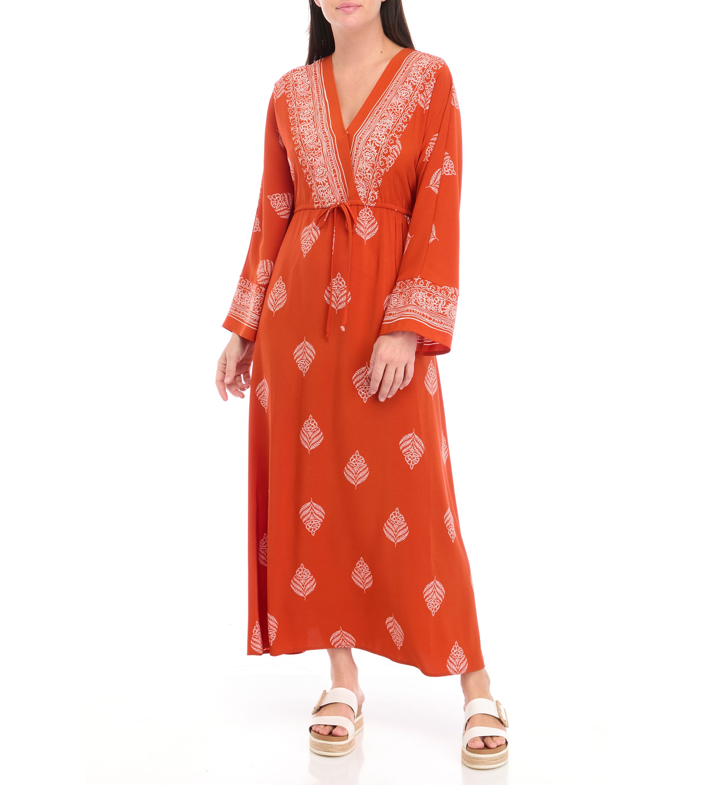 Womens Long Sleeve V-Neck Printed Crepe Fit and Flare Dress