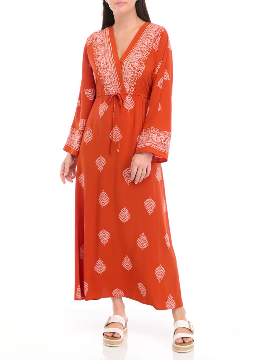 Womens Long Sleeve V-Neck Printed Crepe Fit and Flare Dress