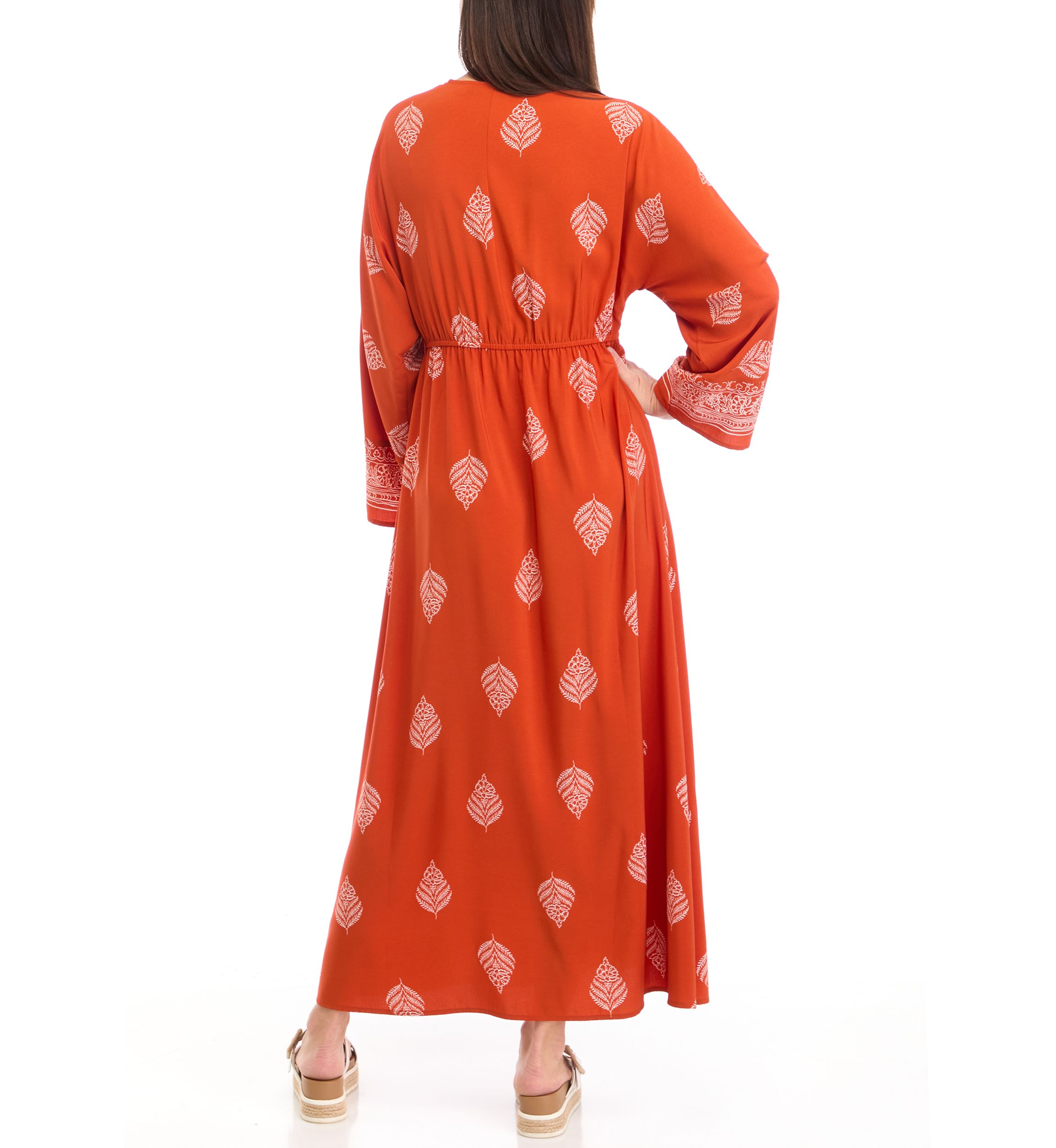 Womens Long Sleeve V-Neck Printed Crepe Fit and Flare Dress