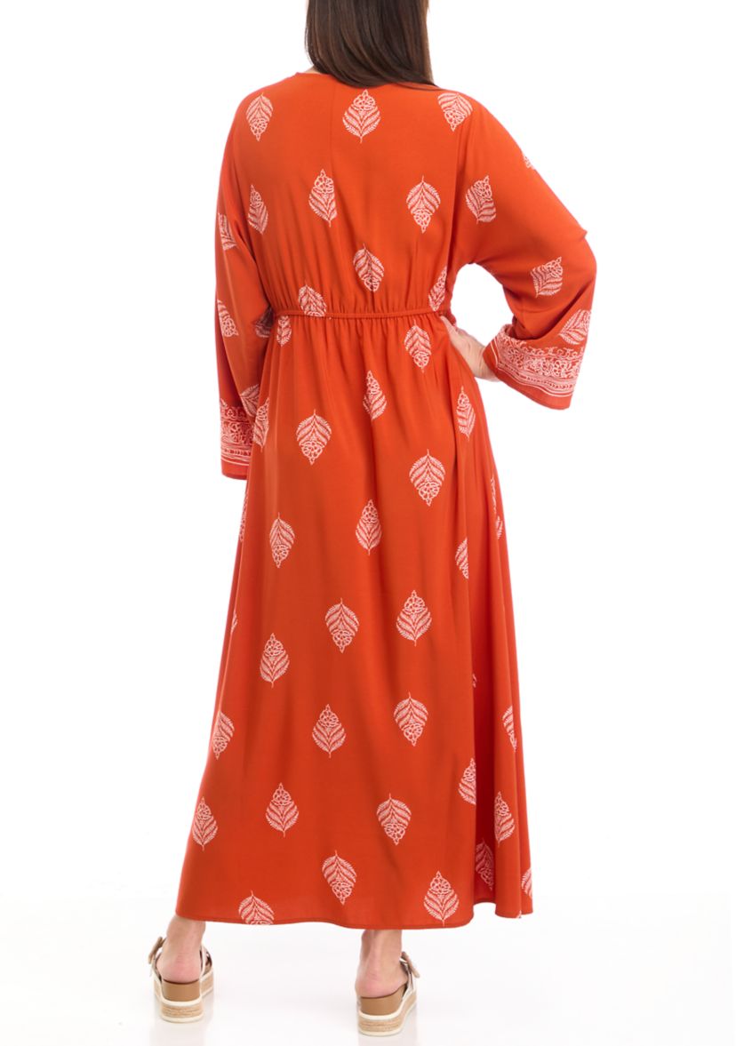 Womens Long Sleeve V-Neck Printed Crepe Fit and Flare Dress
