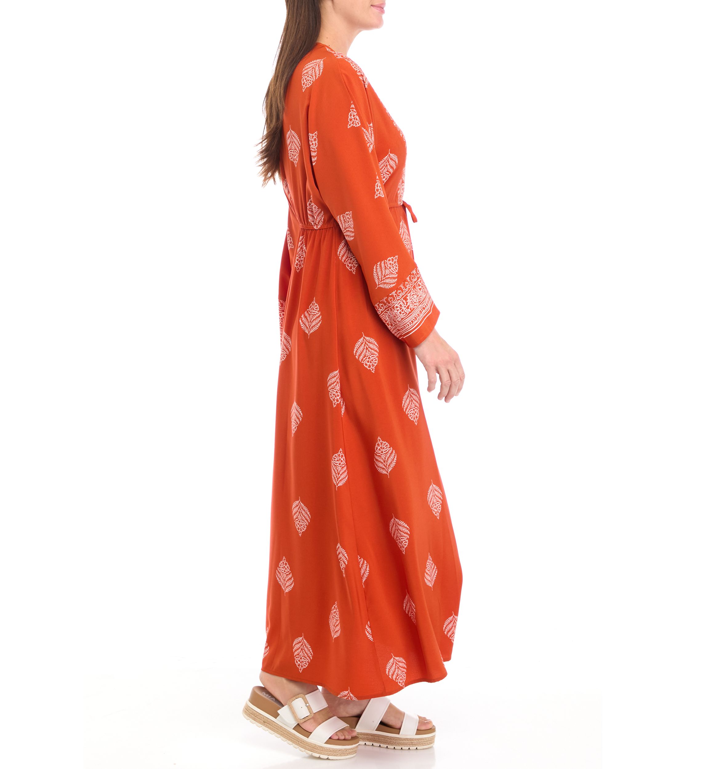 Womens Long Sleeve V-Neck Printed Crepe Fit and Flare Dress