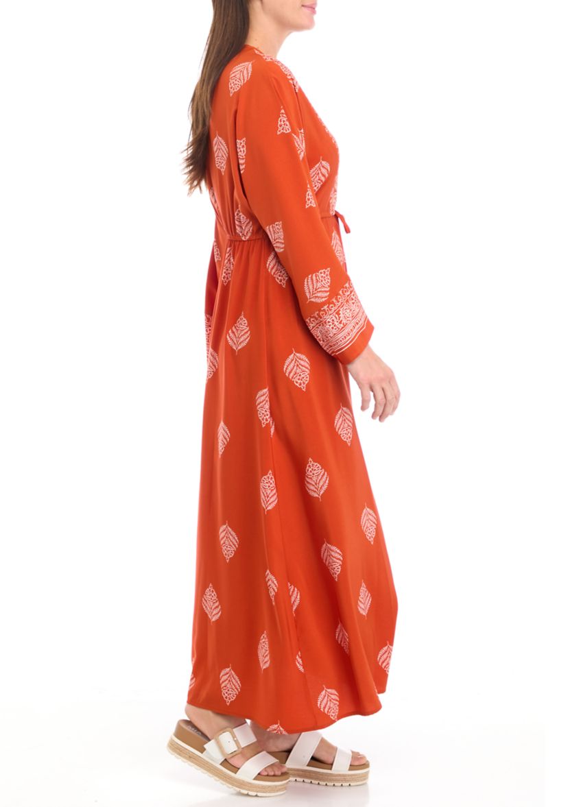Womens Long Sleeve V-Neck Printed Crepe Fit and Flare Dress