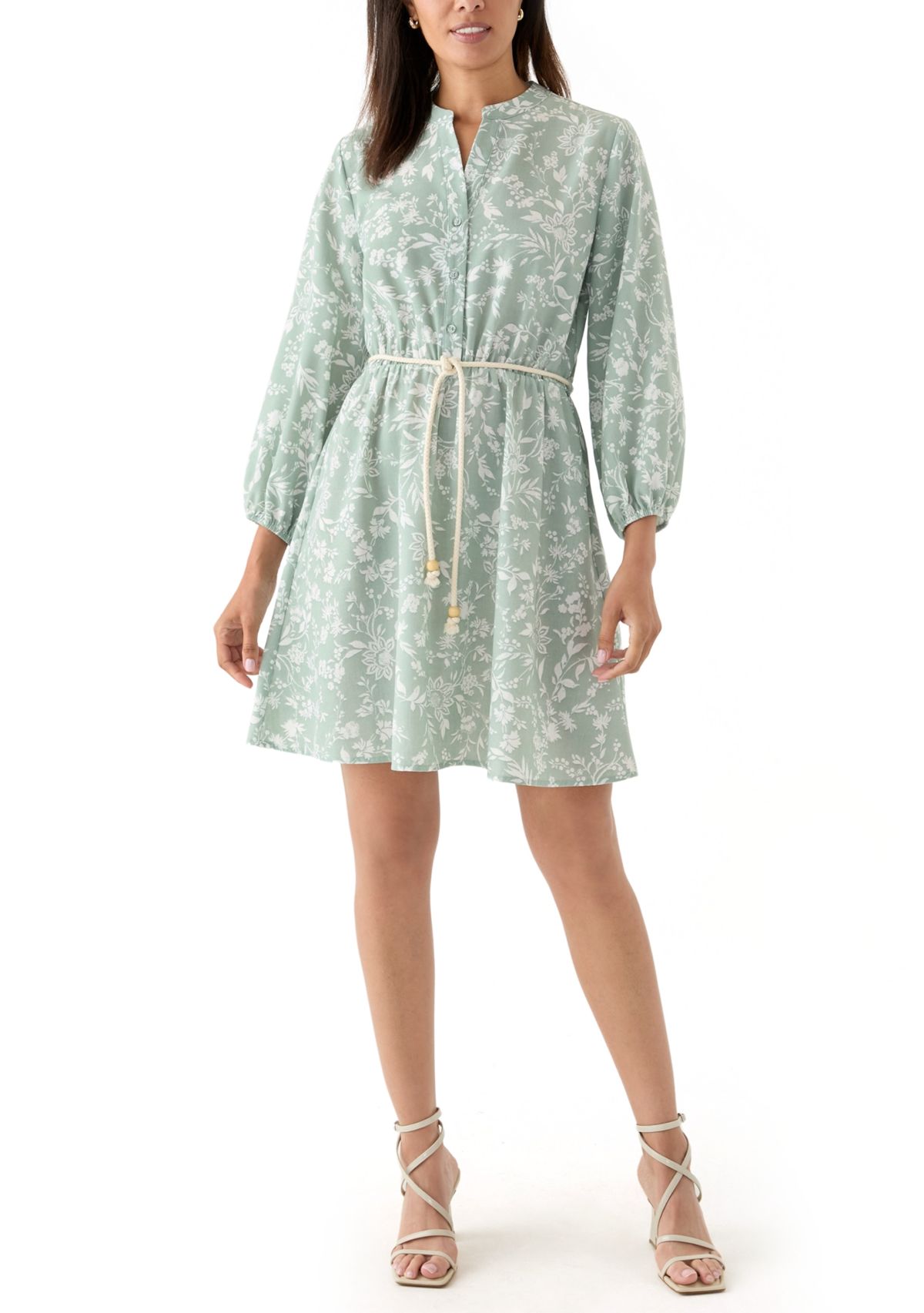 Womens Long Sleeve Split Neck Floral Print A-Line Dress