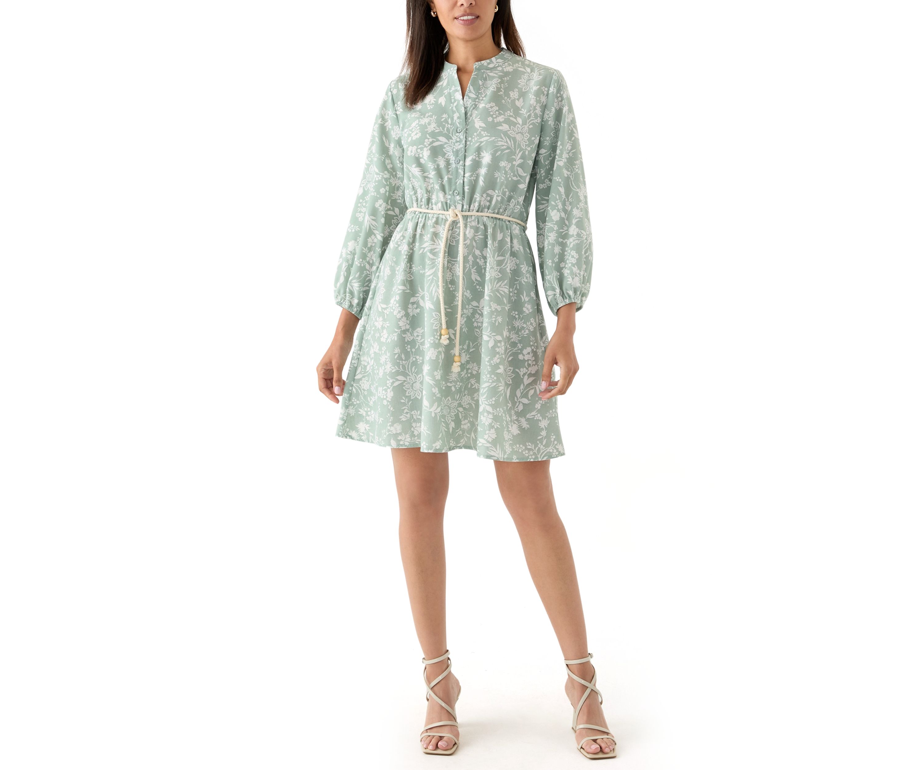Womens Long Sleeve Split Neck Floral Print A-Line Dress