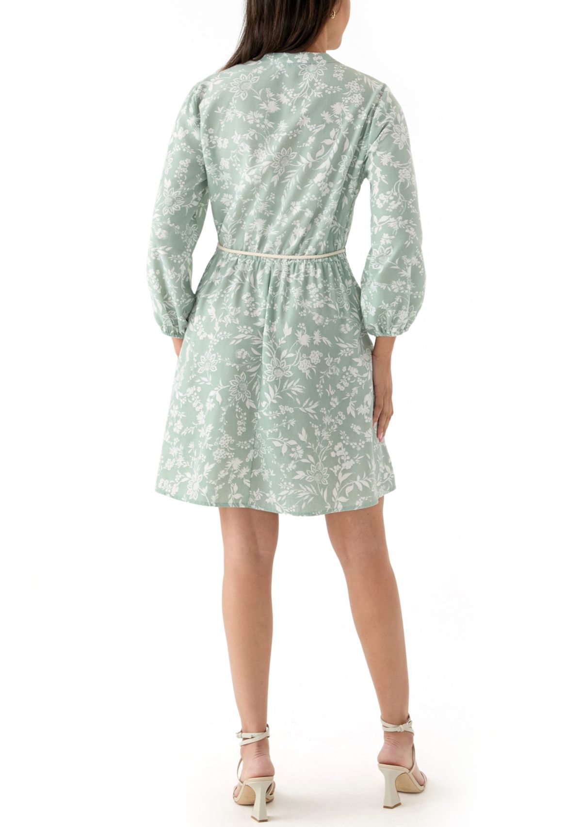 Womens Long Sleeve Split Neck Floral Print A-Line Dress