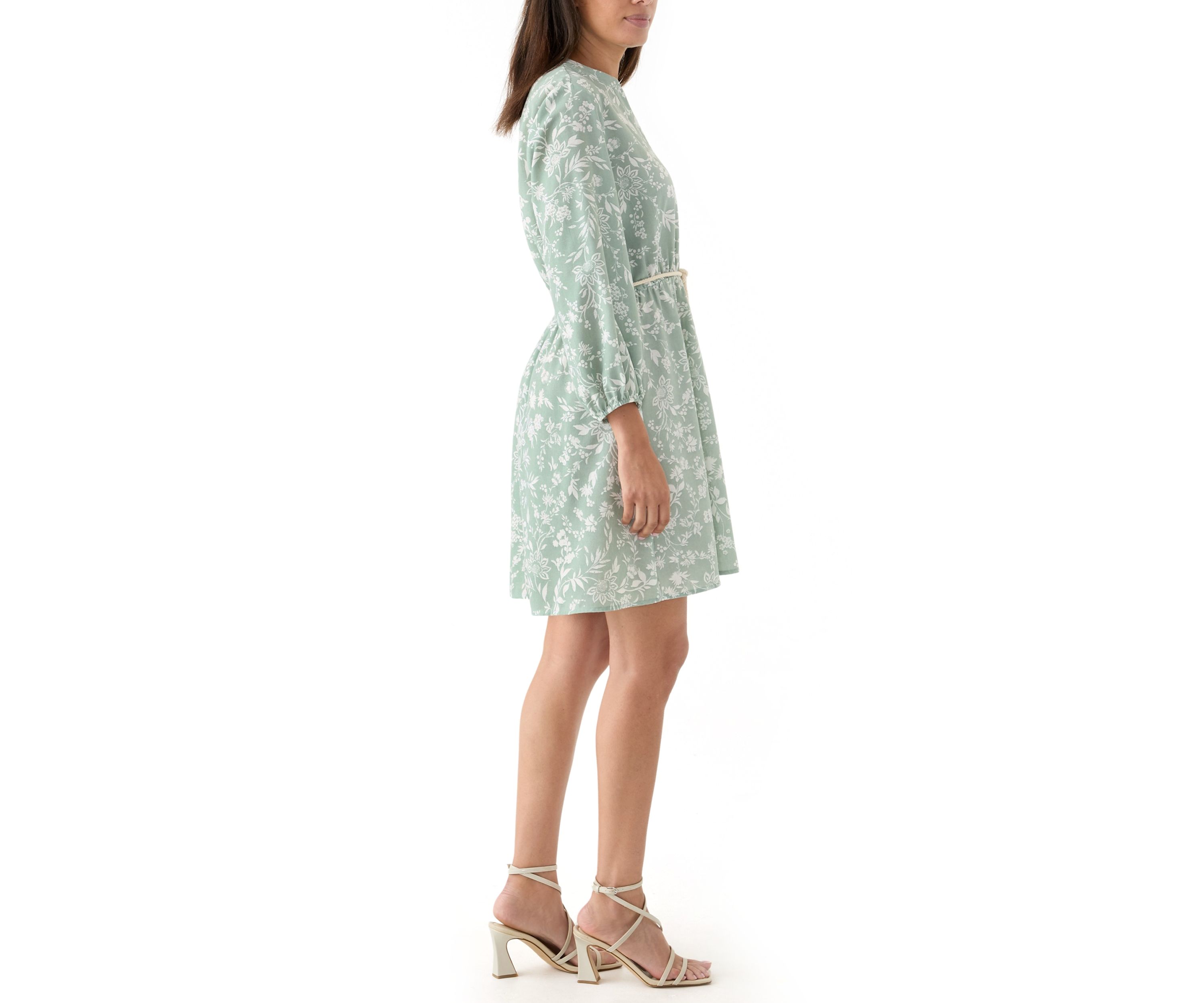Womens Long Sleeve Split Neck Floral Print A-Line Dress