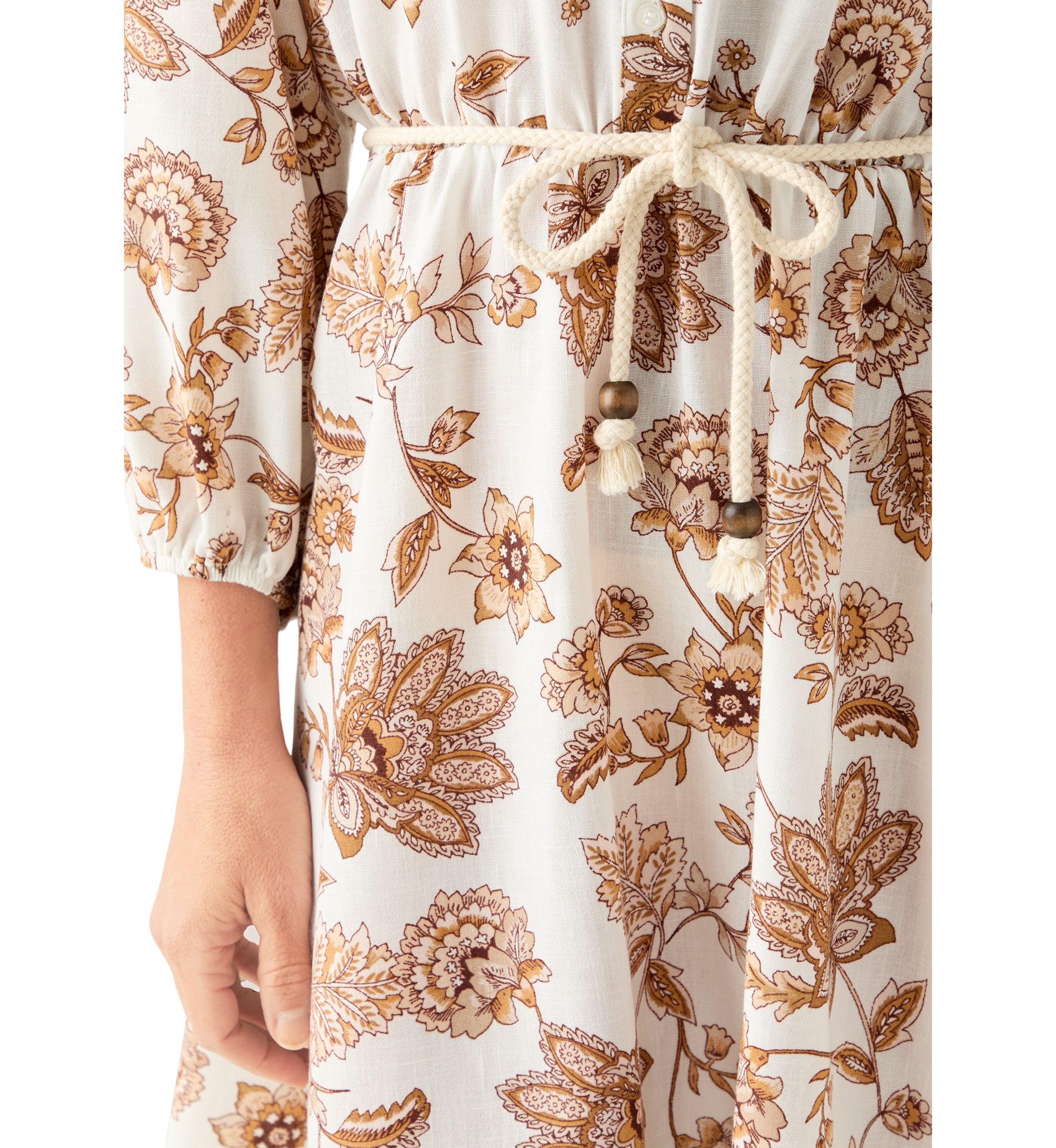 Womens 3/4 Balloon Sleeve Floral Print Tie Waist A-Line Dress
