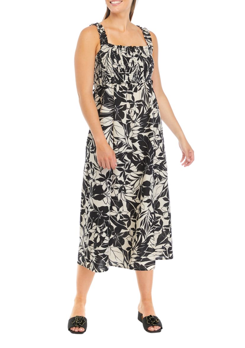 Womens Sleeveless Square Neck Printed Midi Dress