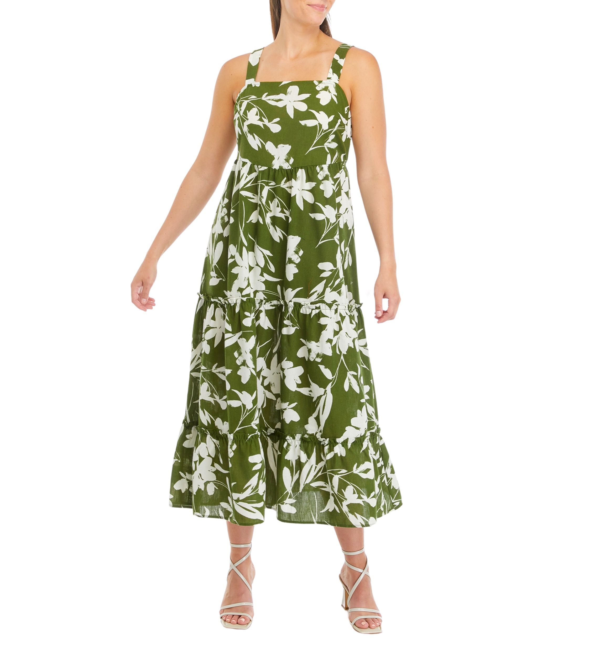 	  Womens Sleeveless Square Neck Printed Midi Dress 