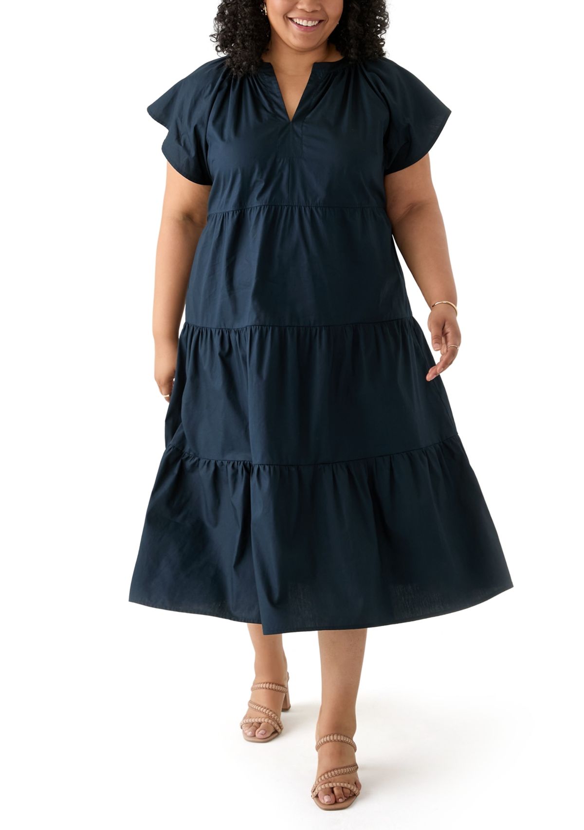 Plus Size Short Sleeve Split Neck A-Line Dress