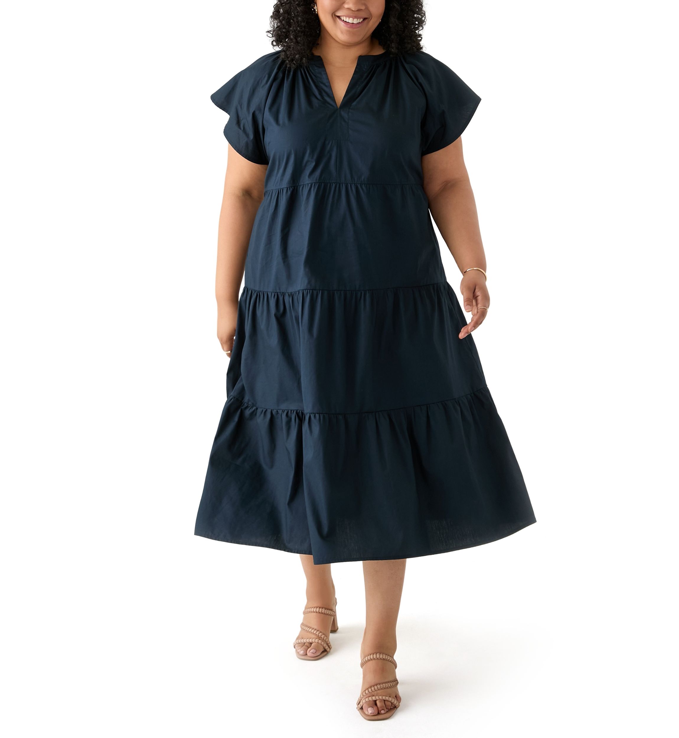 Plus Size Short Sleeve Split Neck A-Line Dress