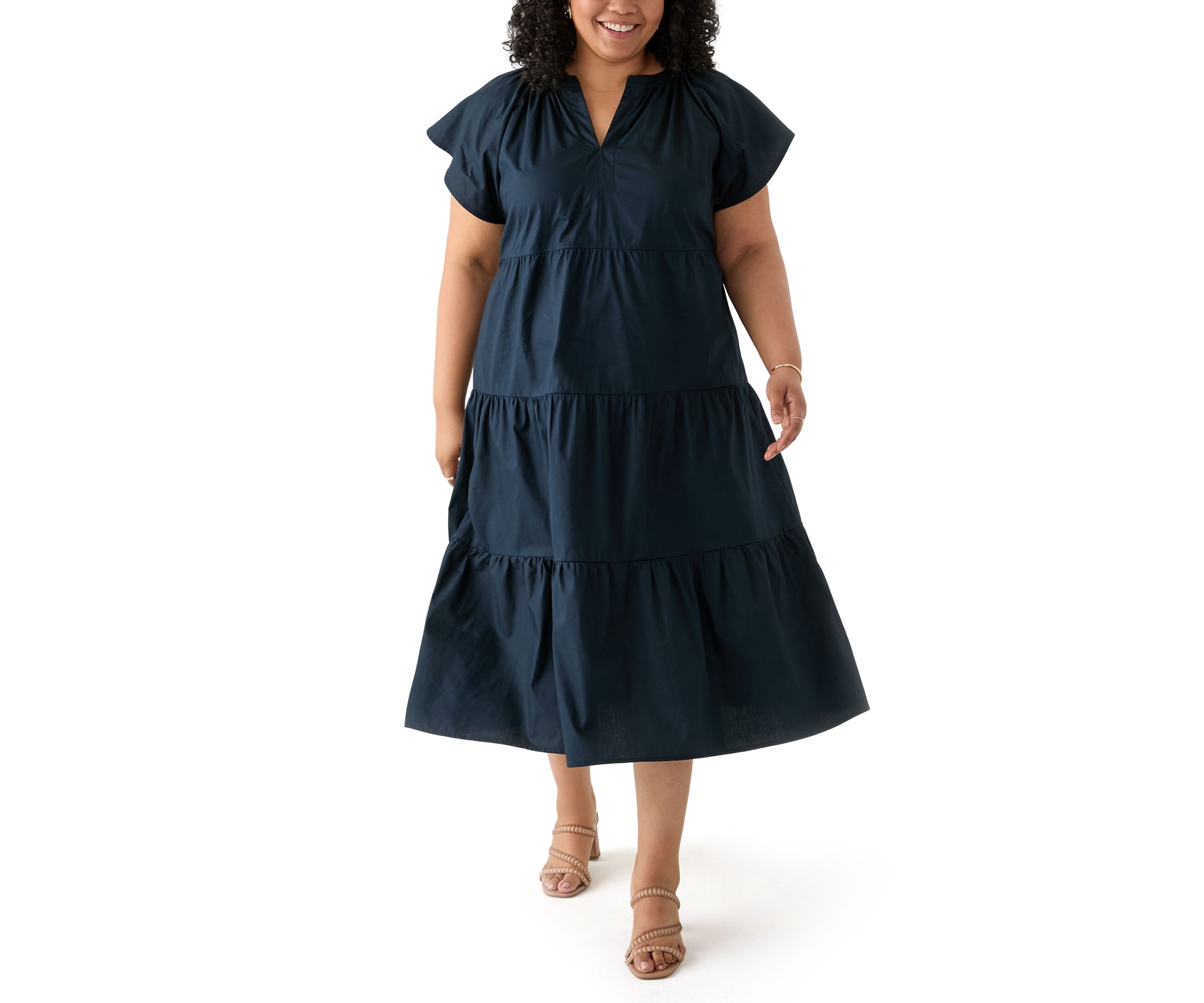 Plus Size Short Sleeve Split Neck A-Line Dress