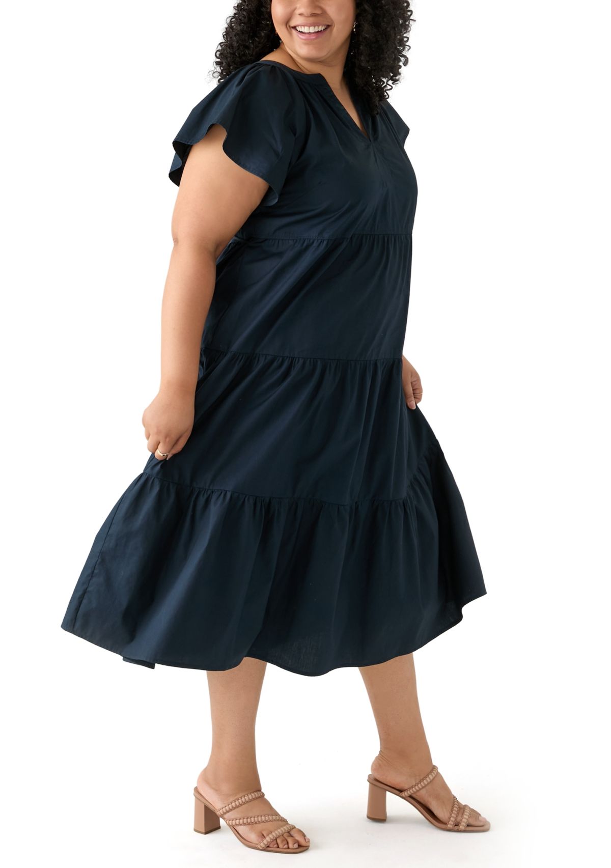 Plus Size Short Sleeve Split Neck A-Line Dress