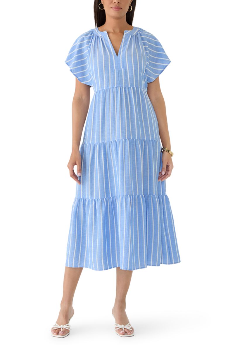 Emma & Michelle Women's Short Flutter Sleeve Tiered Striped Midi Dress |  Belk