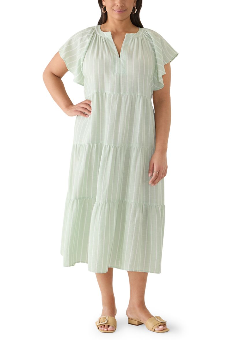 knee length dresses for ladies Tamela Tiered Midi Dress in Plus Size in Light Olive 3X