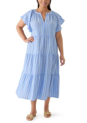 Emma & Michelle Women's Plus Size Tiered Striped Midi Dress