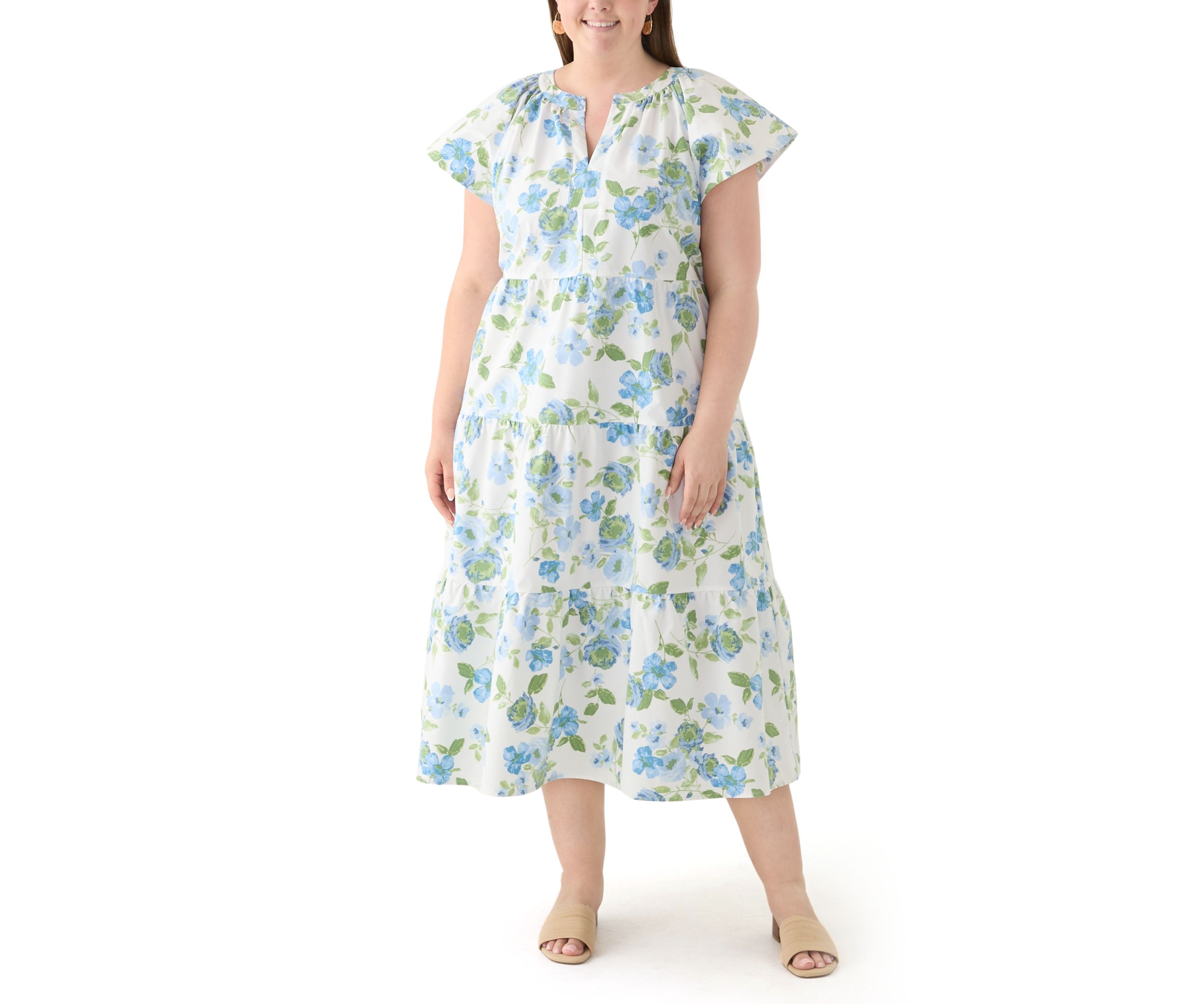 Plus Size Short Sleeve Split Neck Floral Print A-Line Dress