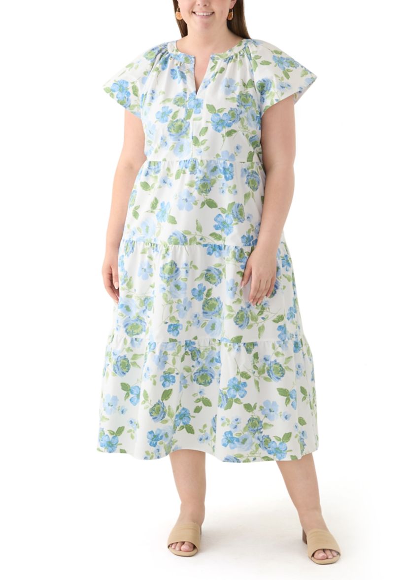 Plus Size Short Sleeve Split Neck Floral Print A-Line Dress