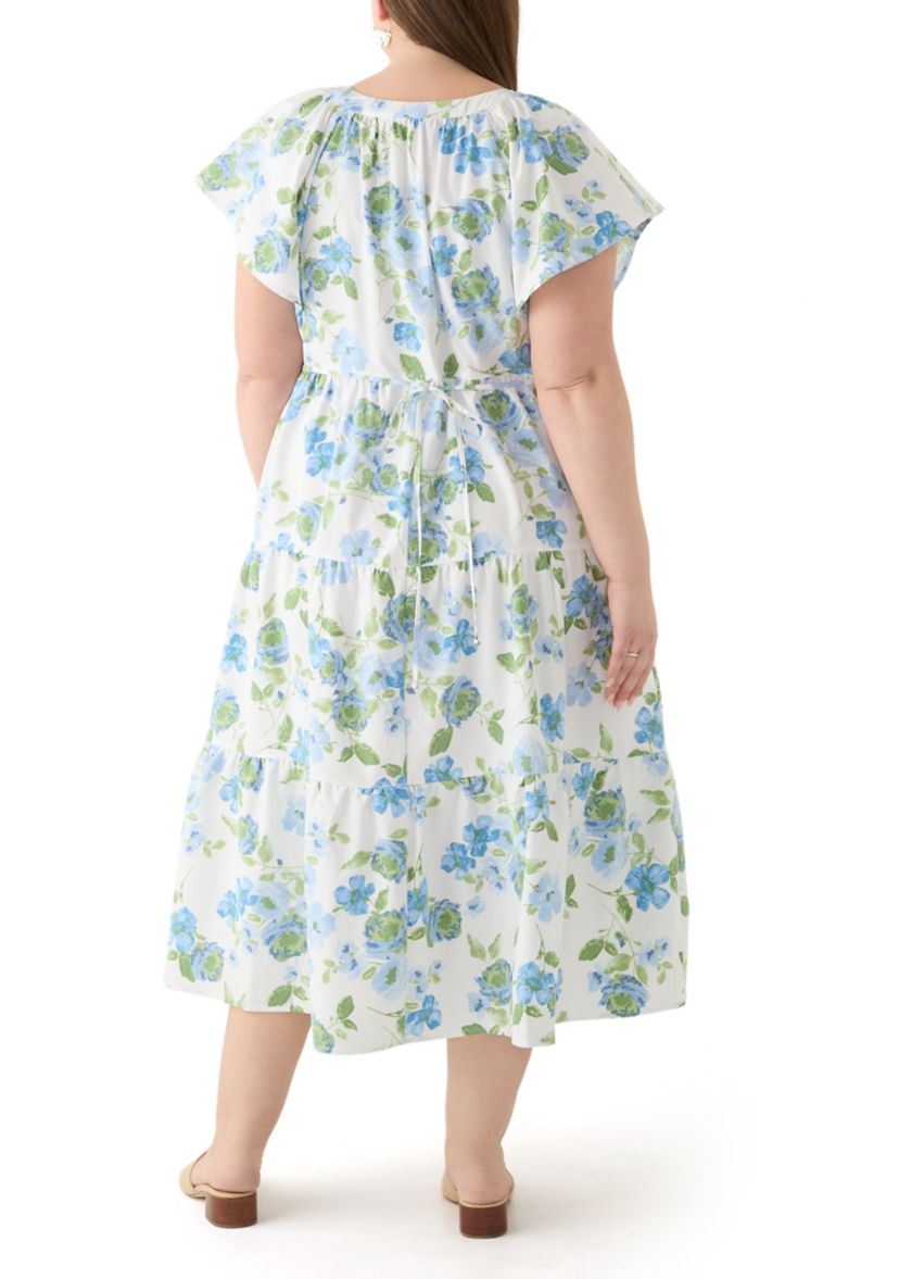 Plus Size Short Sleeve Split Neck Floral Print A-Line Dress