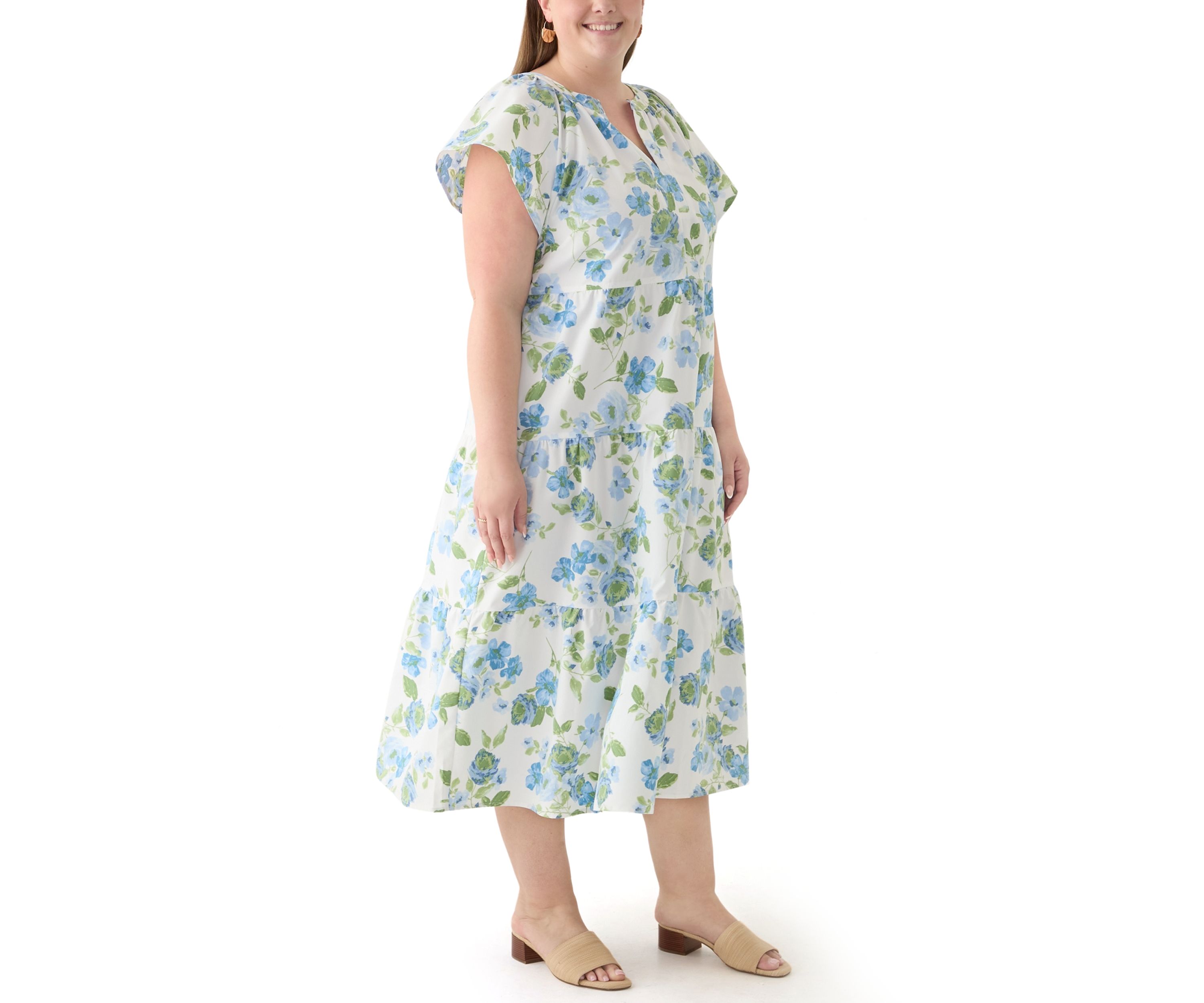 Plus Size Short Sleeve Split Neck Floral Print A-Line Dress
