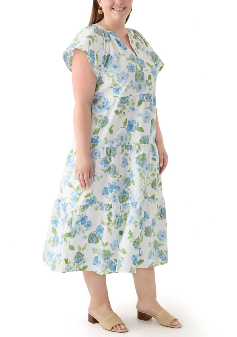 Plus Size Short Sleeve Split Neck Floral Print A-Line Dress