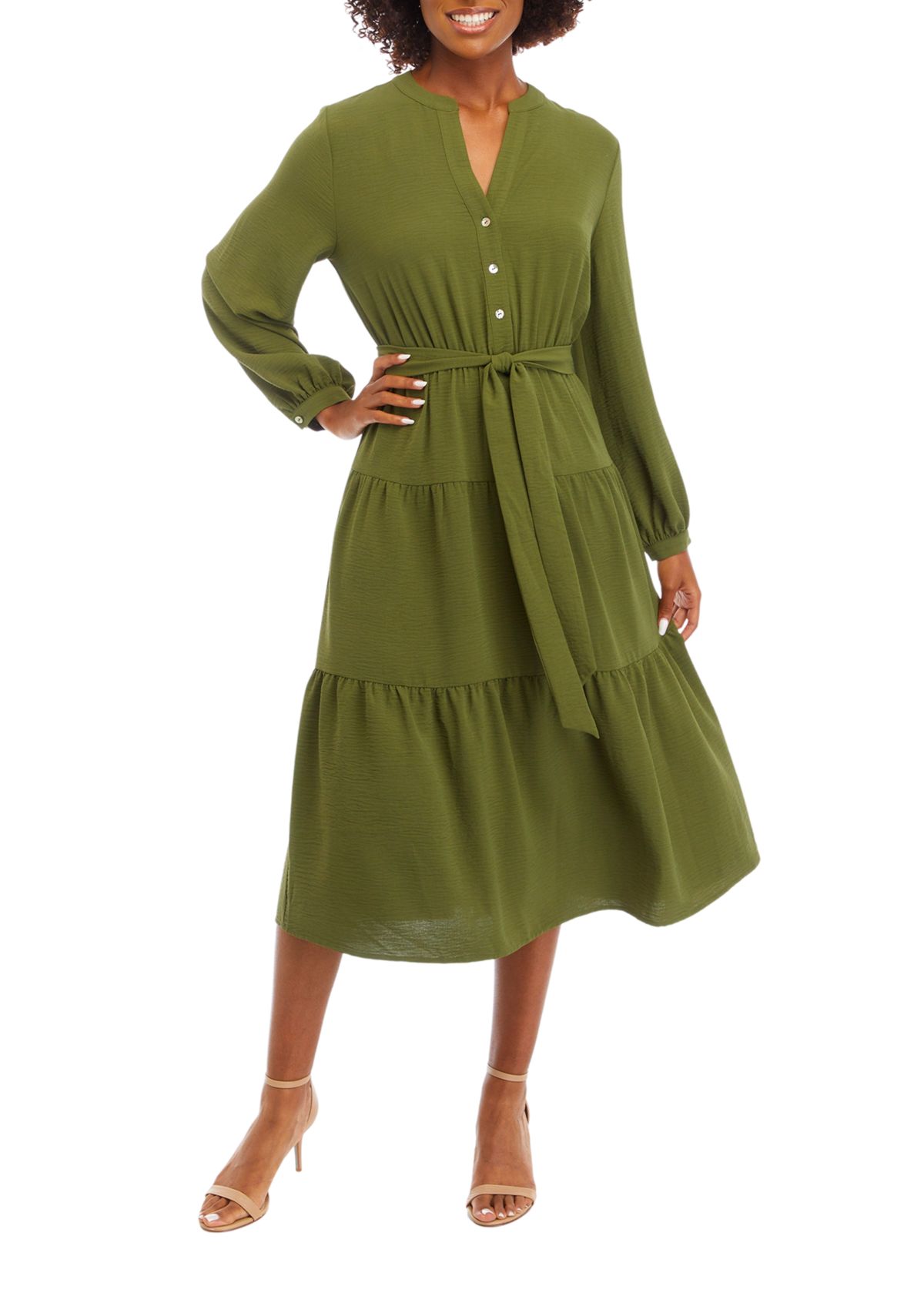 Womens Blouson Sleeve Henley Midi Dress