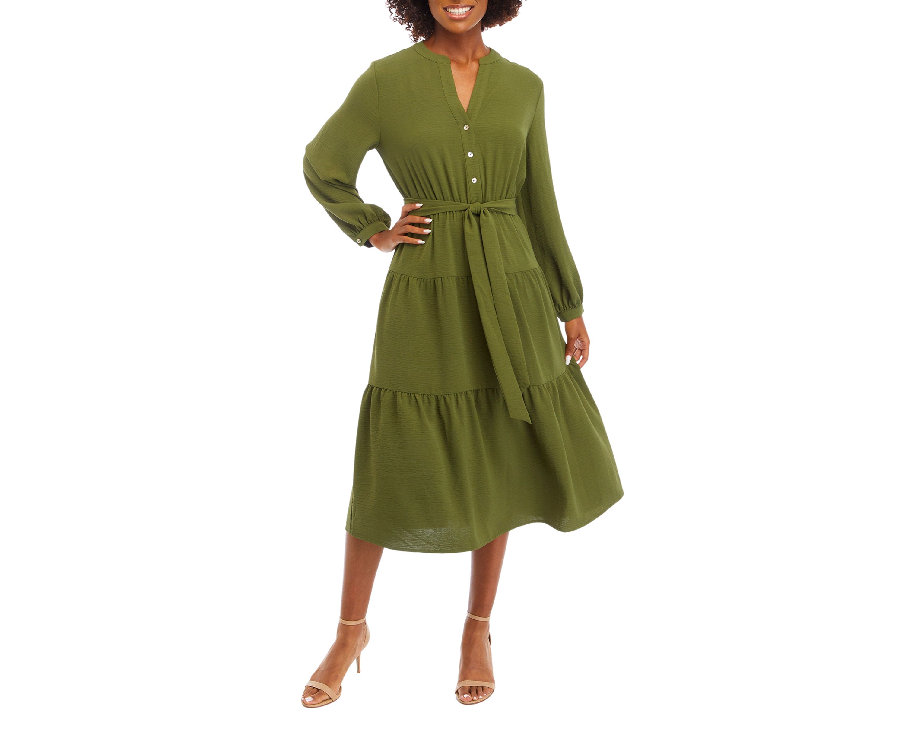 Womens Blouson Sleeve Henley Midi Dress