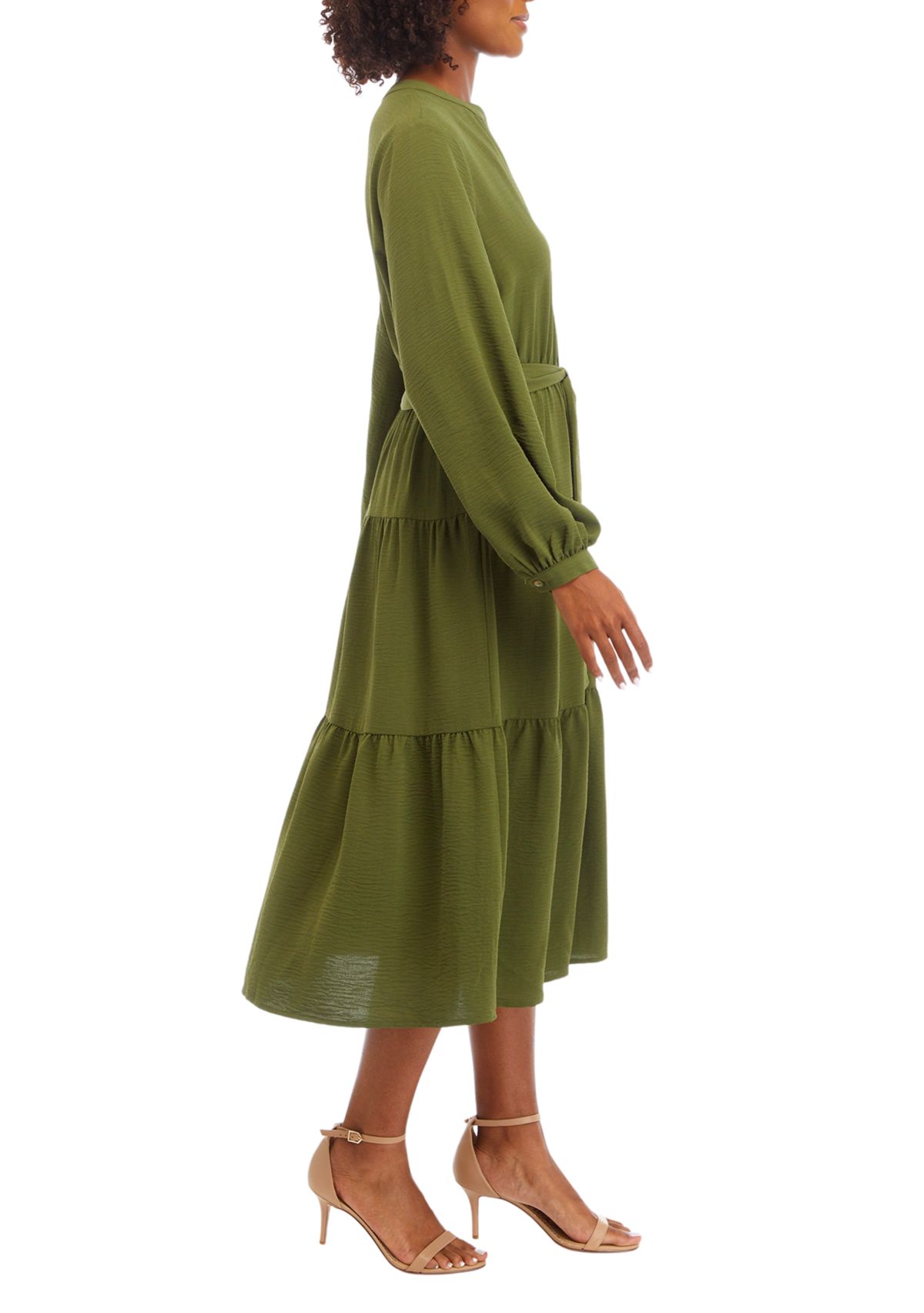 Womens Blouson Sleeve Henley Midi Dress