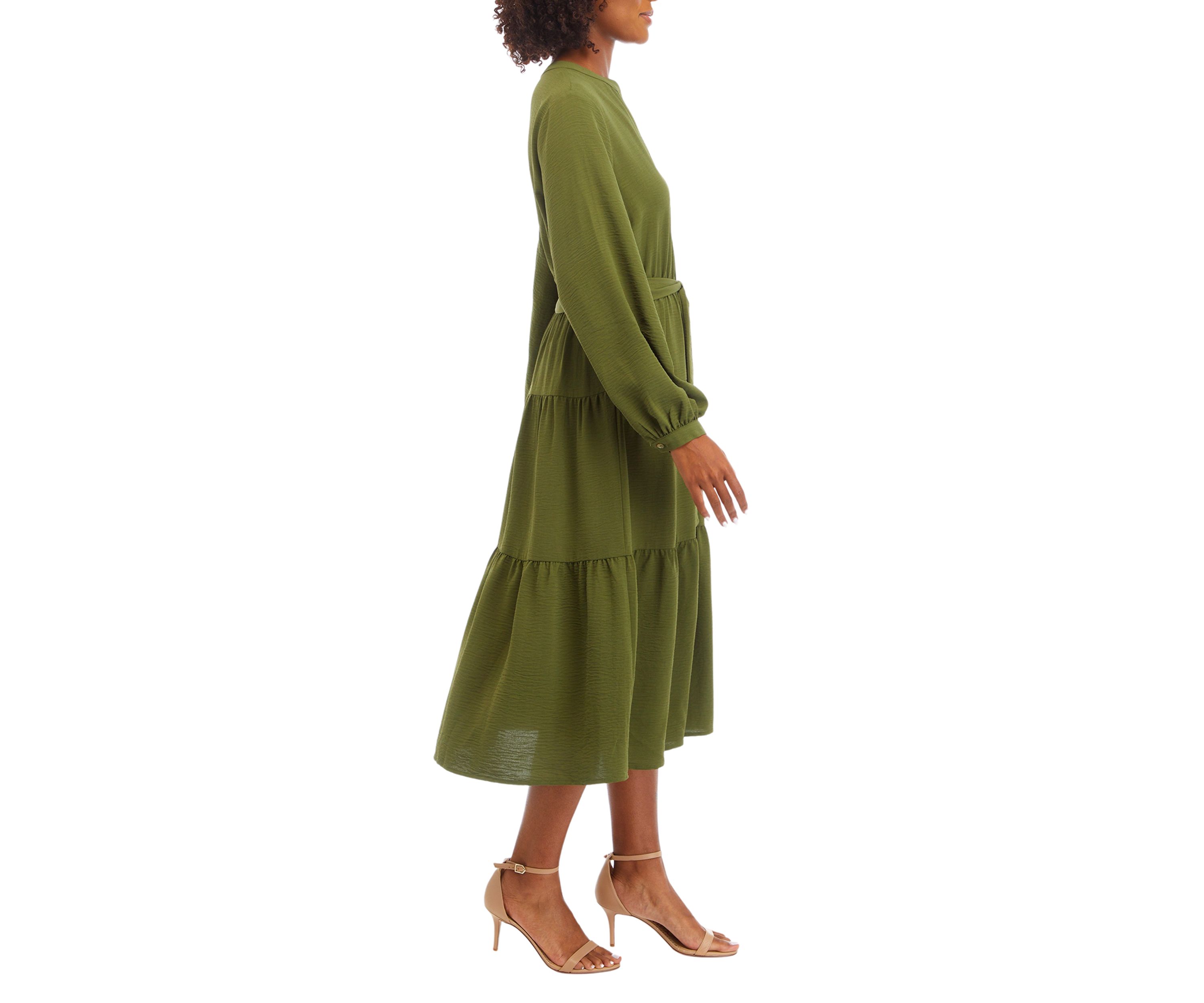 Womens Blouson Sleeve Henley Midi Dress