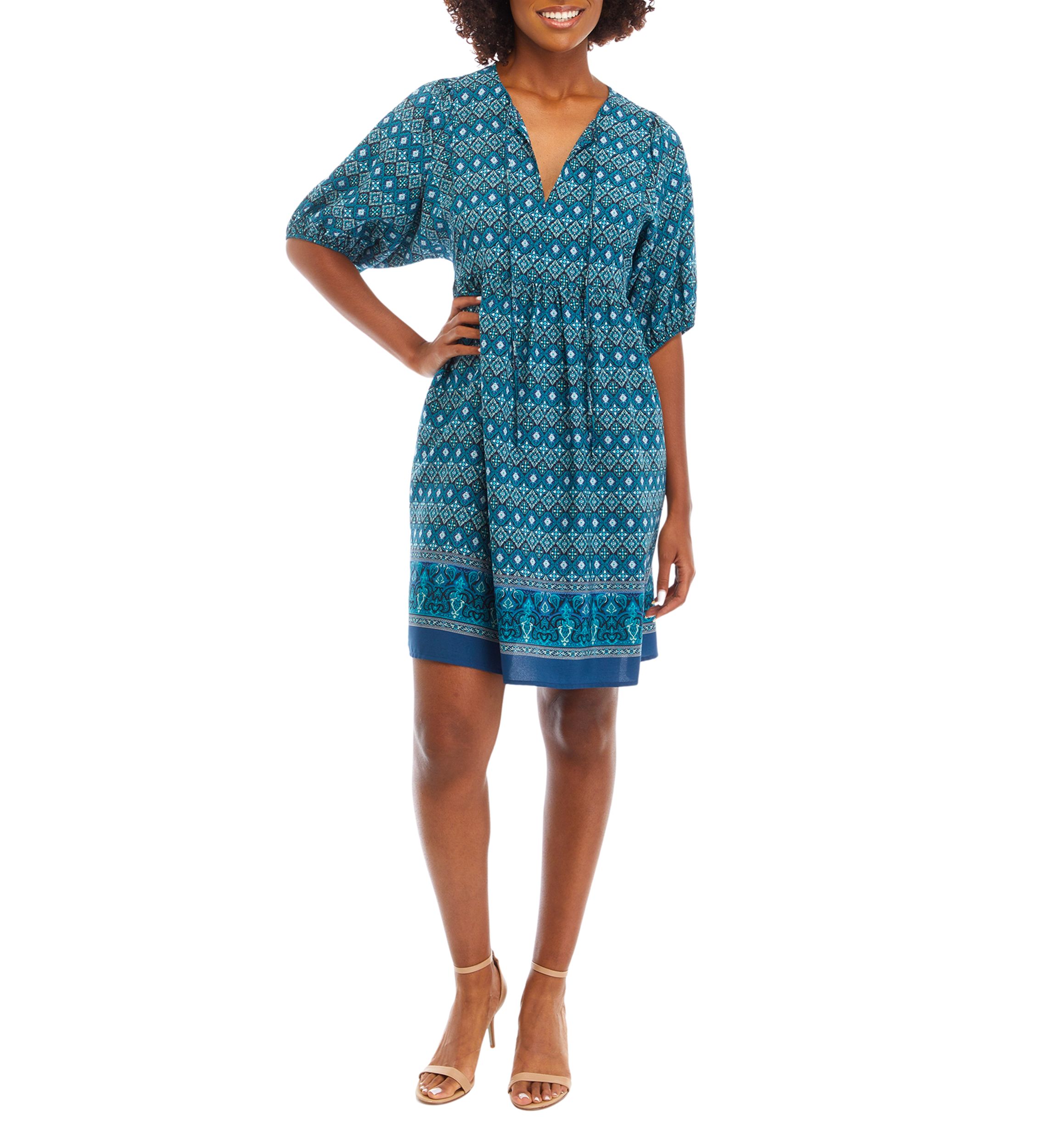 Womens Short Sleeve V-Neck Printed Fit and Flare Dress